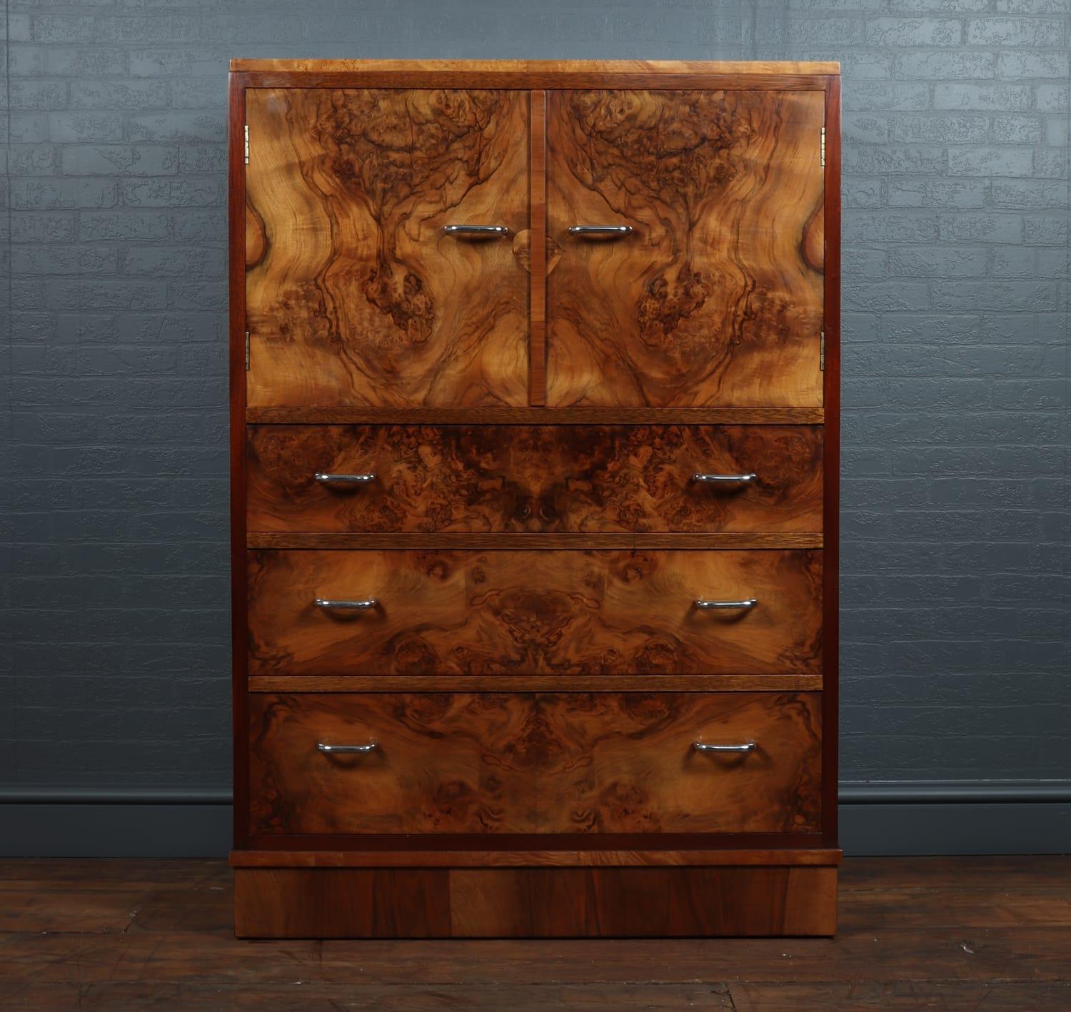 Mid-20th Century English, Art Deco Walnut Tall Boy, Cabinet, circa 1930, Restored and Polished For Sale