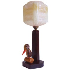 Vintage English Art Deco Wood and Bakelite Noveltic Nut Bird Table Lamp with Glass Shade