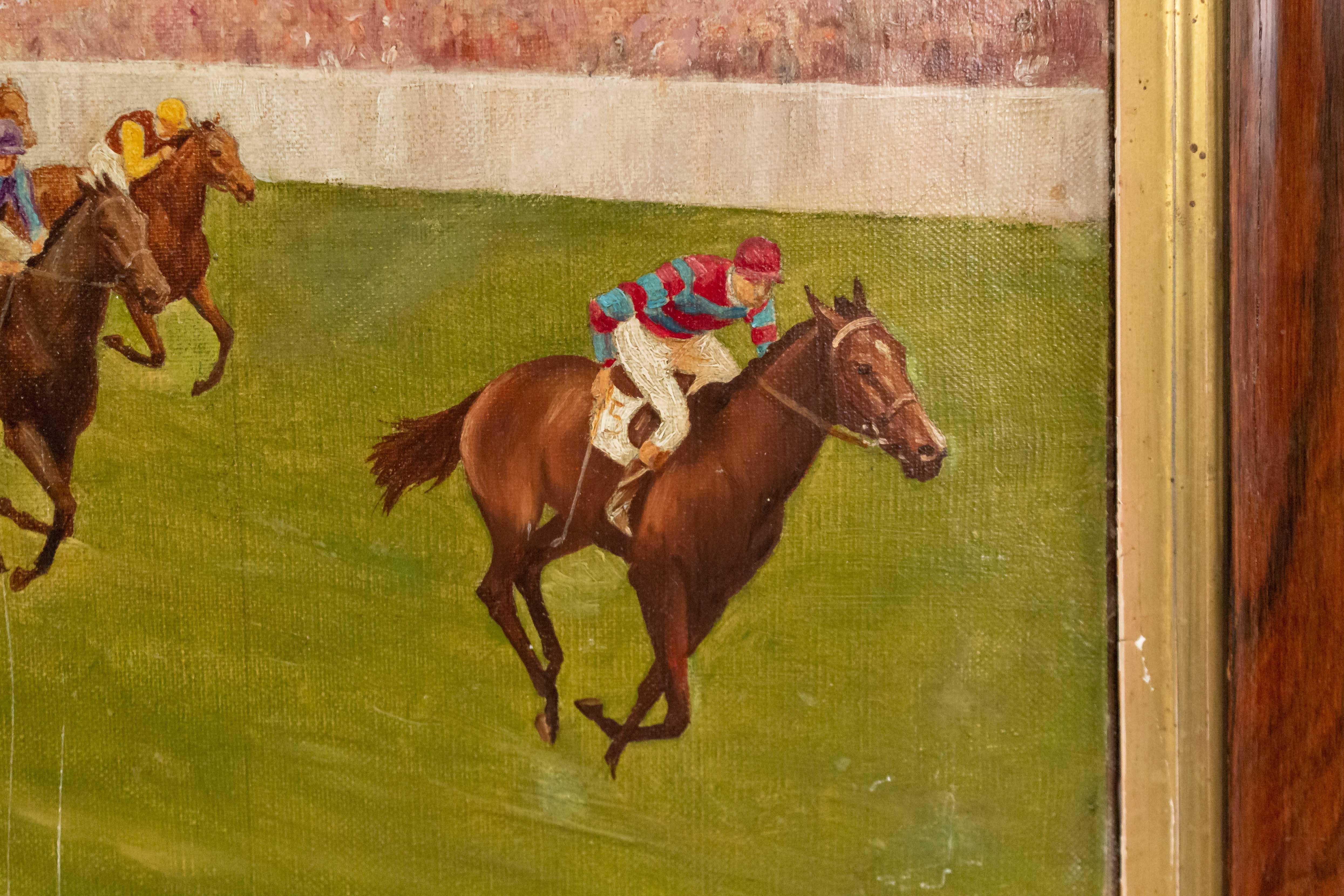 Peinture à l'huile Art Moderne anglais de la course de chevaux Stewart's cup dans un cadre en bois de rose. Signé en bas à gauche : 