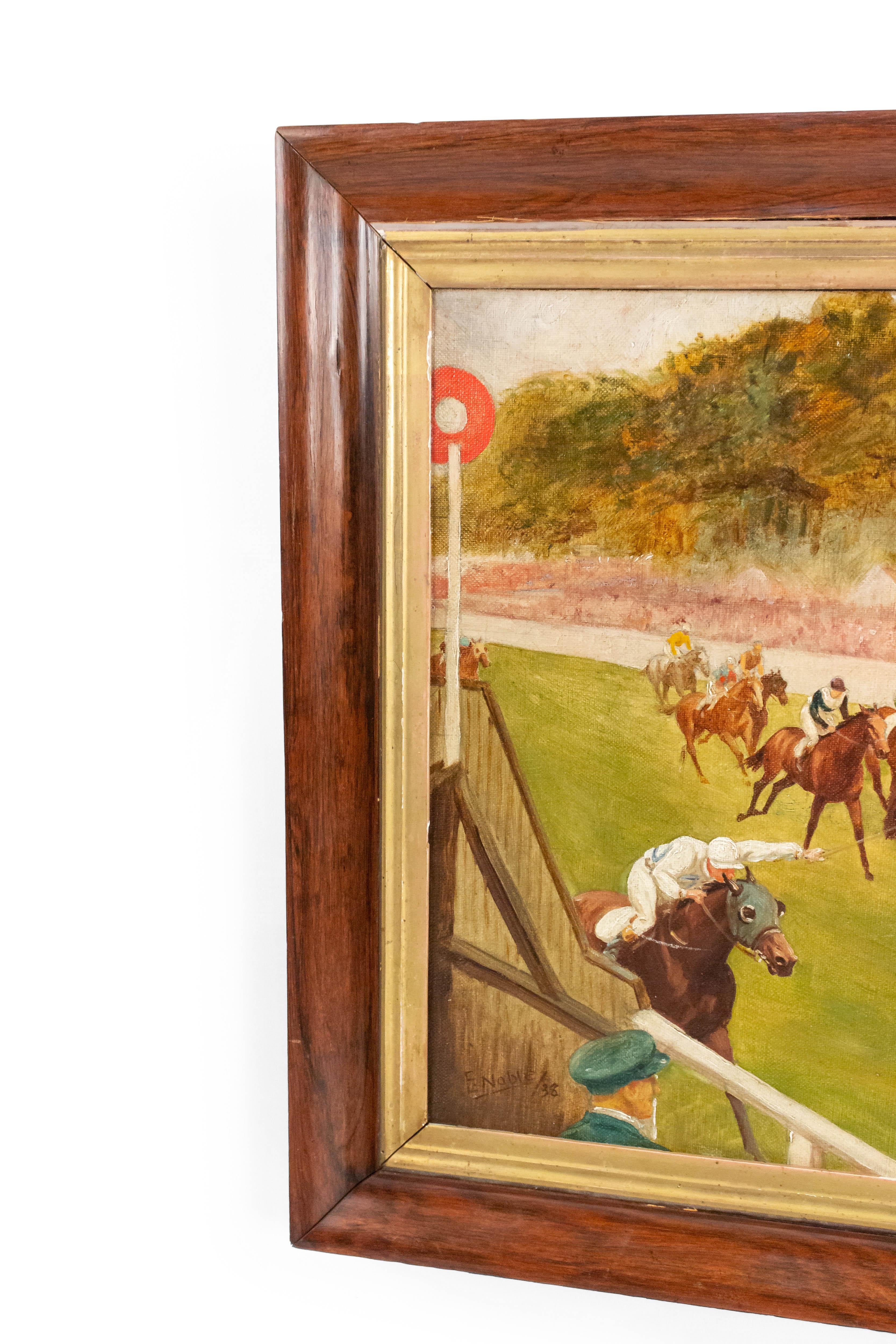 Milieu du XXe siècle Peinture à l'huile anglaise Art Moderne de la course de chevaux Stewart's Cup en vente