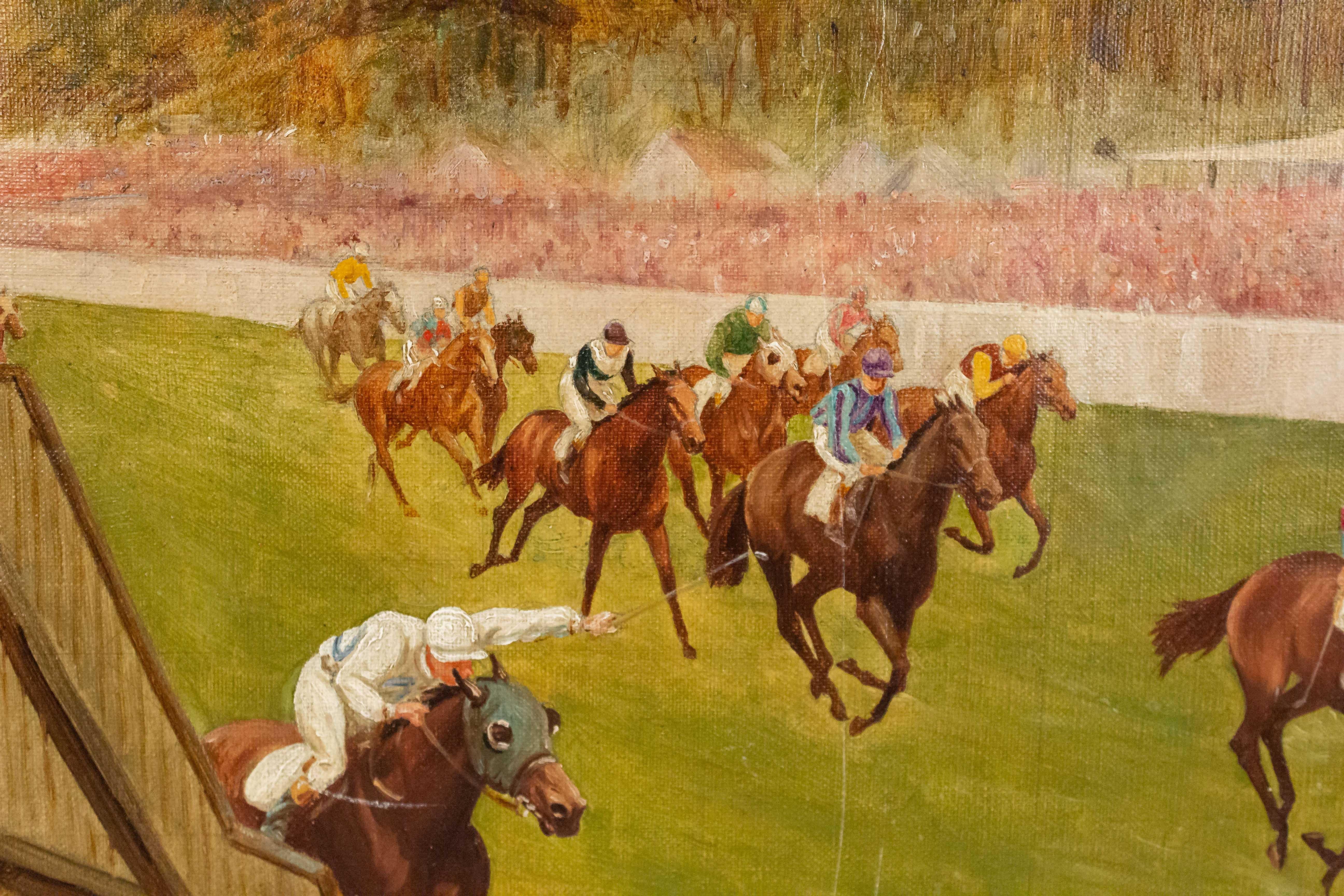 Mid-20th Century English Art Moderne Horse Race Stewart's Cup Oil Painting For Sale