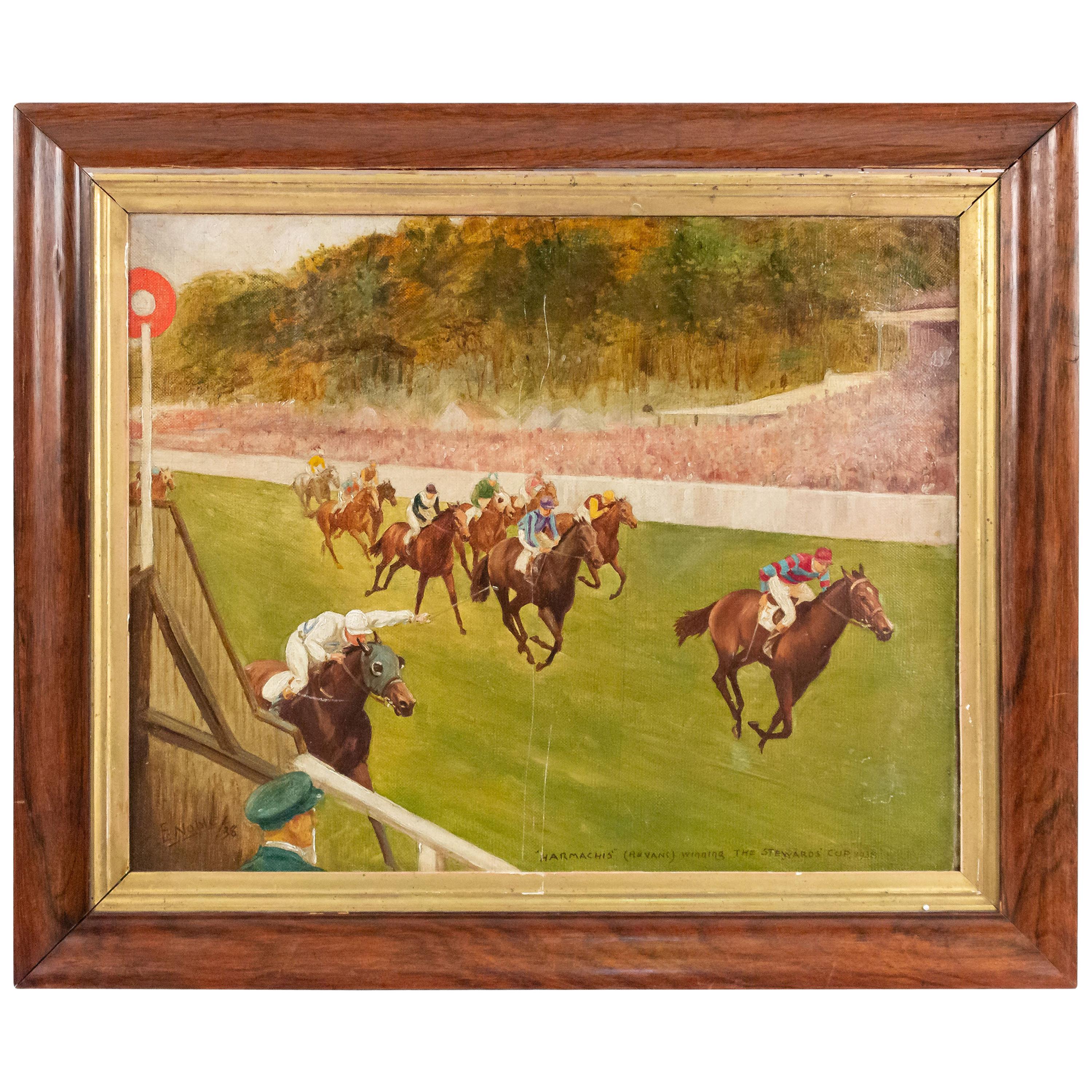 English Art Moderne Horse Race Stewart's Cup Oil Painting For Sale