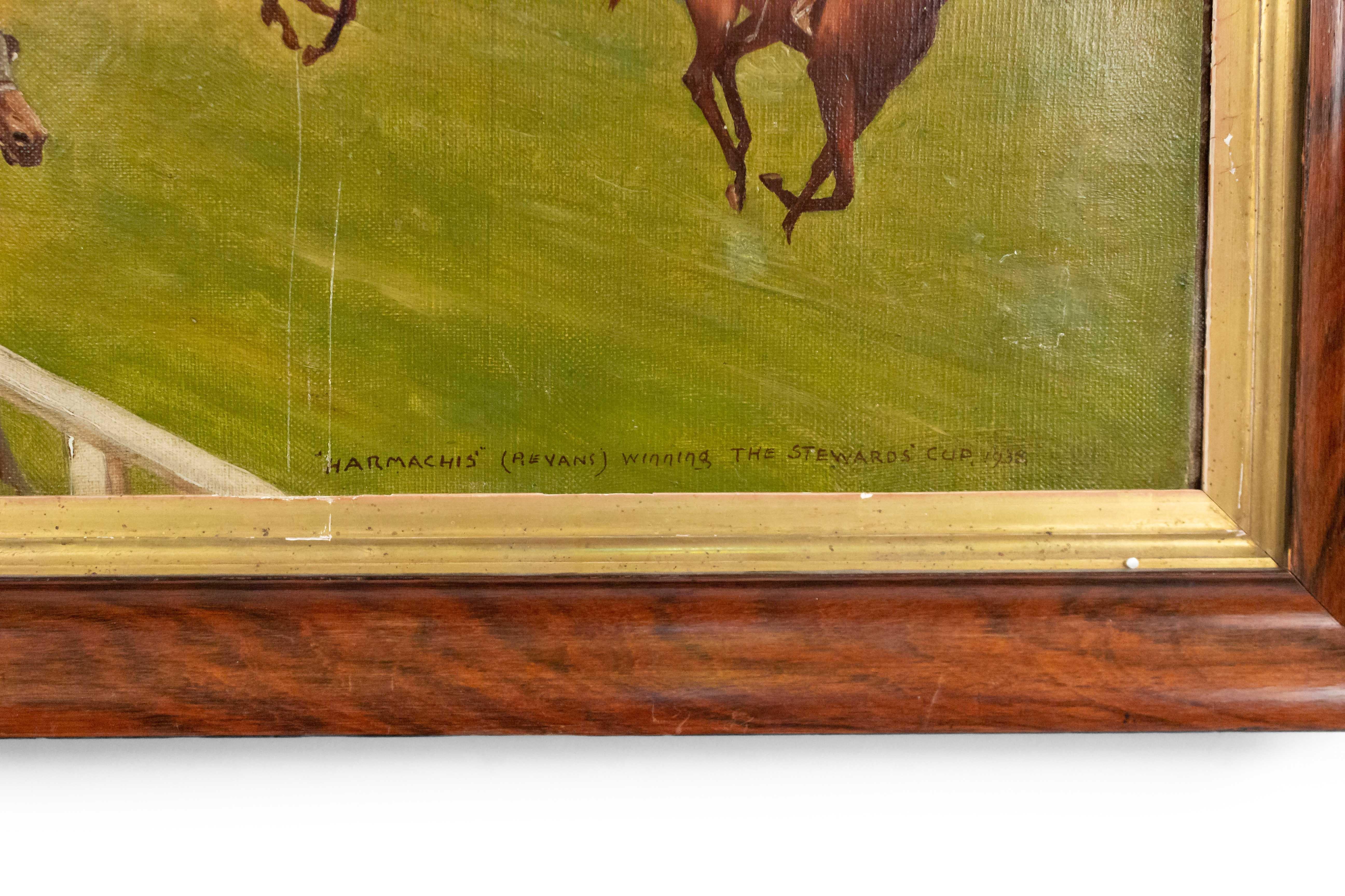 English Art Moderne (Mid 20th Cent) oil painting of Stewart's Cup horse race in wood frame.
 