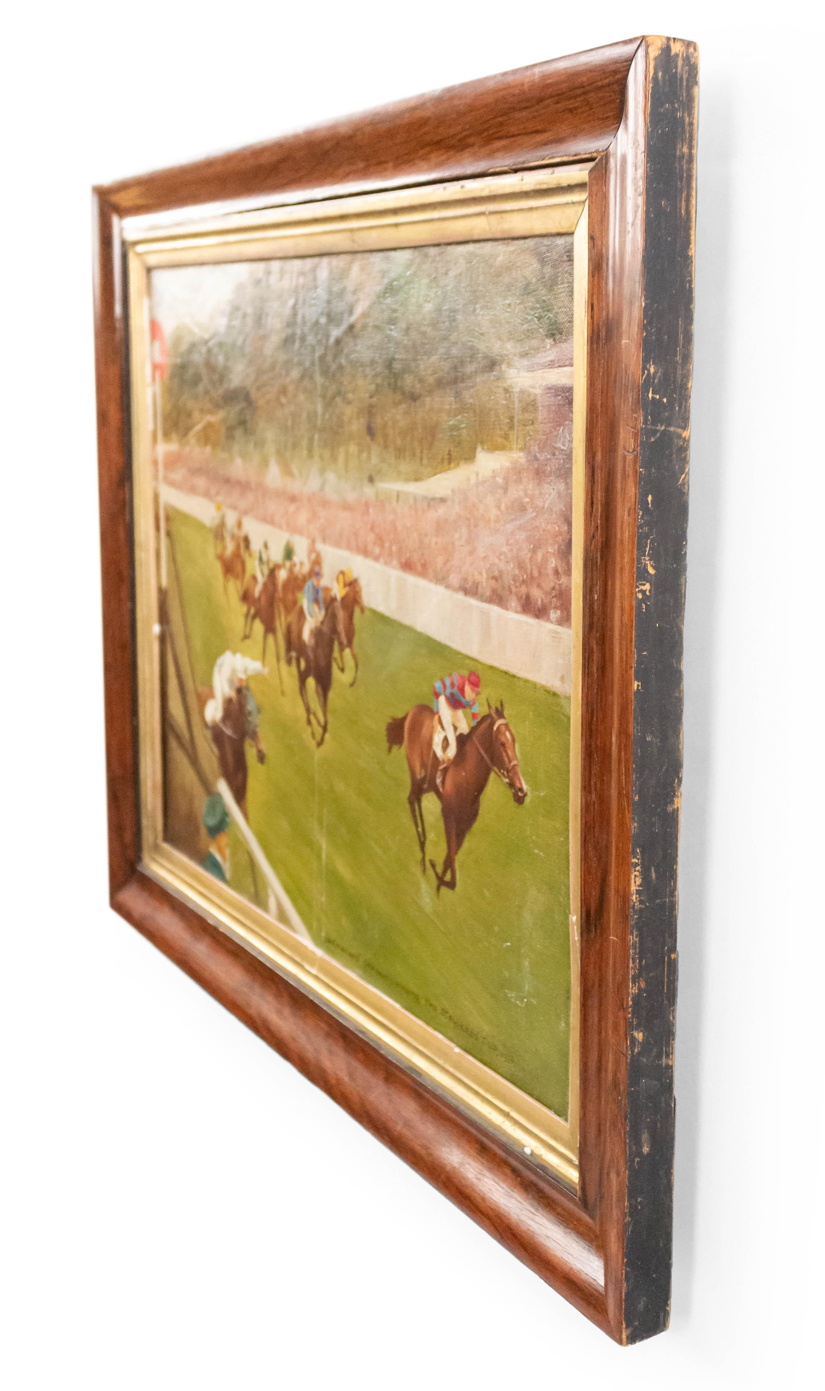Mid-Century moderno Quadro ad olio di arte moderna inglese raffigurante una corsa di cavalli alla Stewart's Cup in vendita