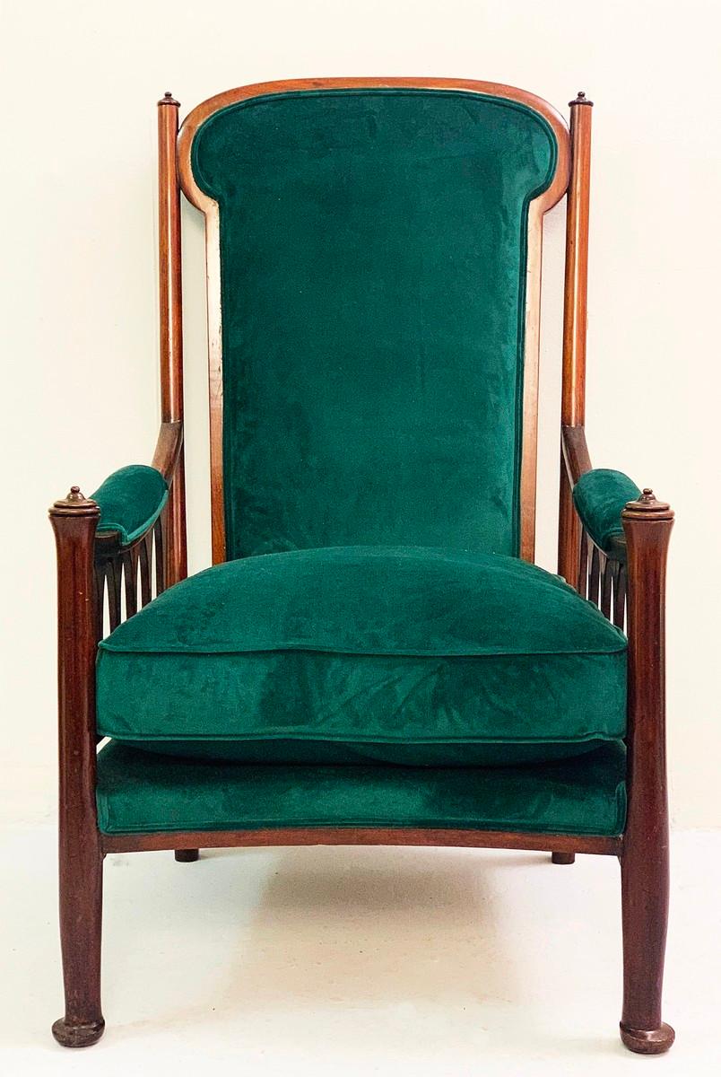 20th Century English Art Nouveau Armchair, New Green Velvet Upholstery For Sale