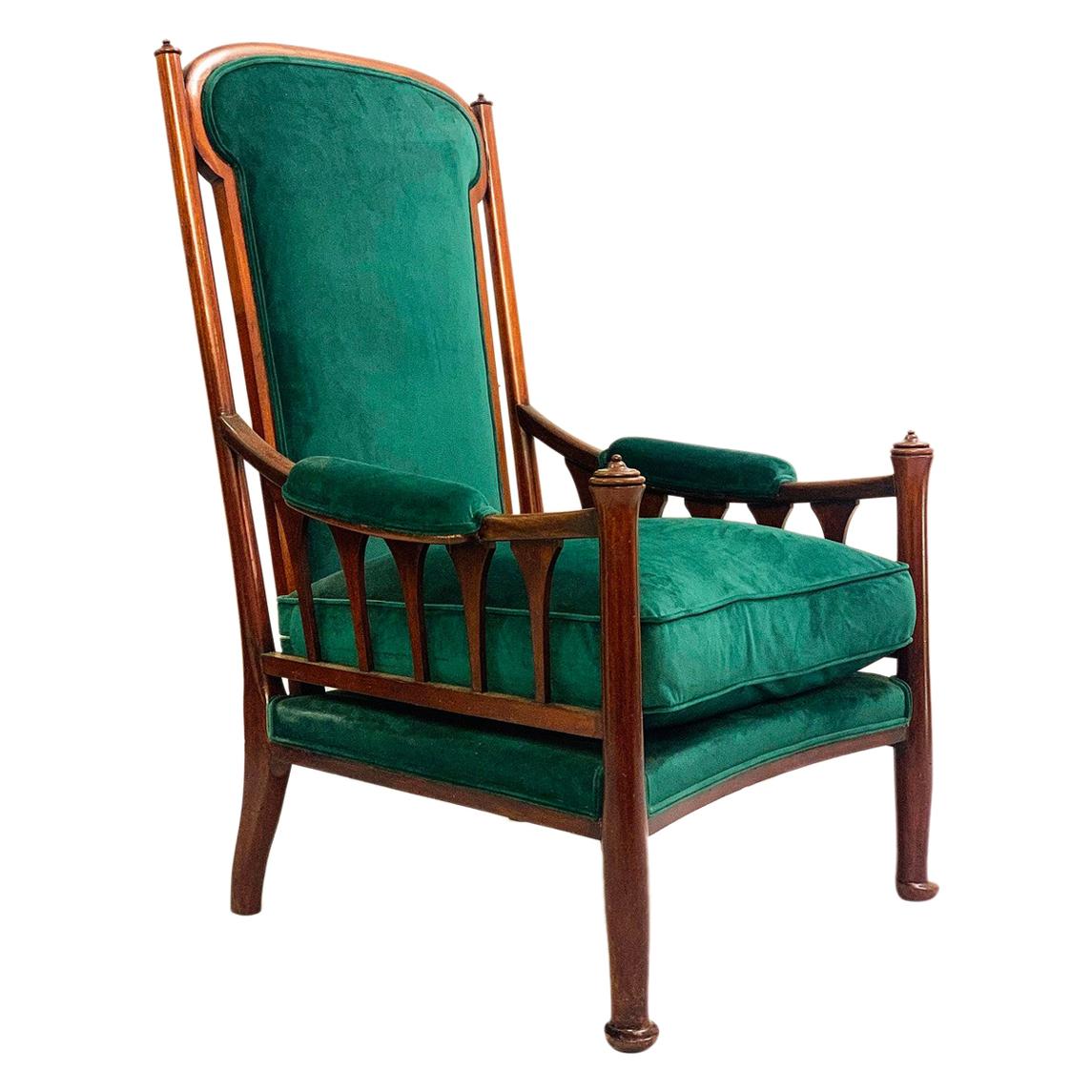 English Art Nouveau Armchair, New Green Velvet Upholstery