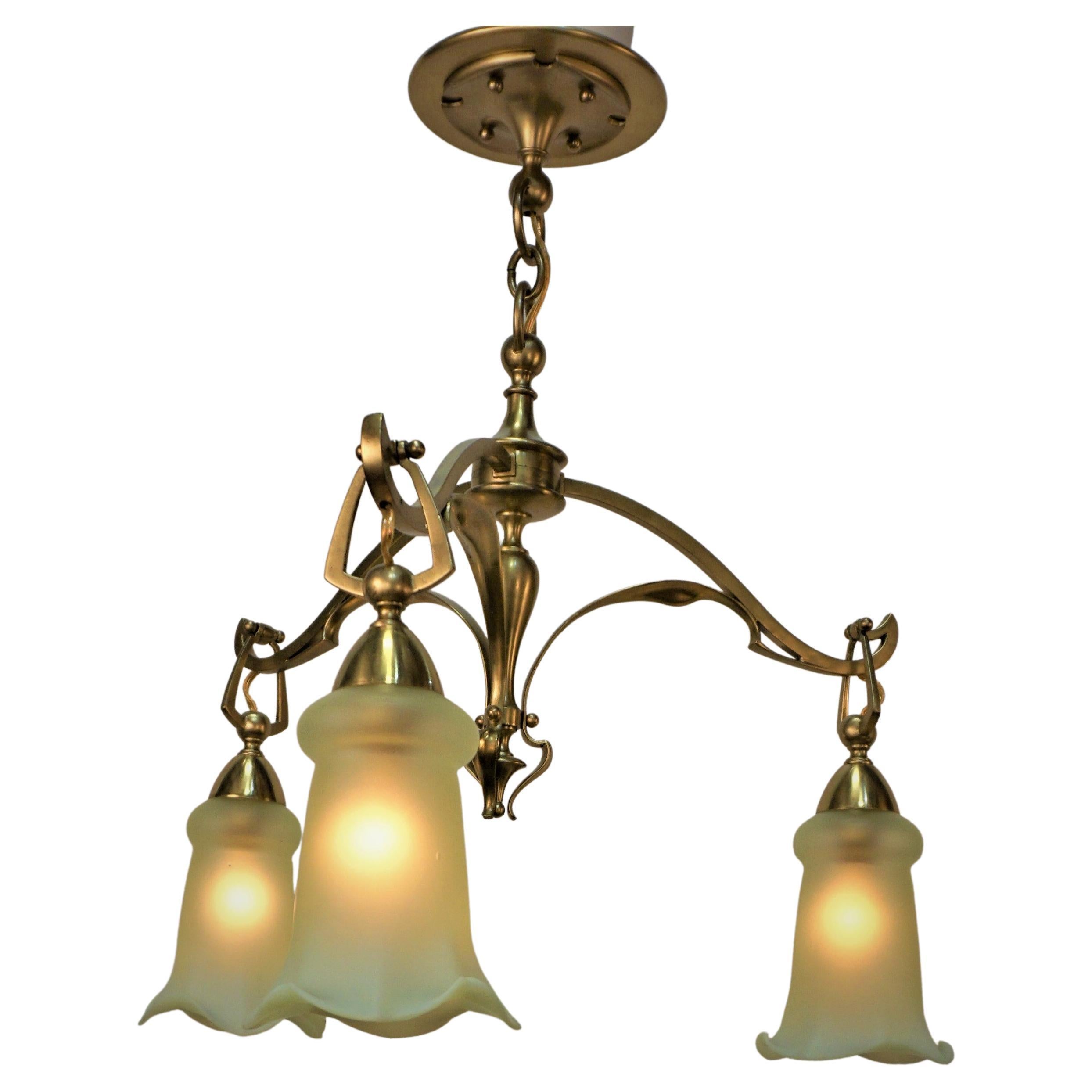 English Art Nouveau, Arts & Crafts Brass Chandelier For Sale