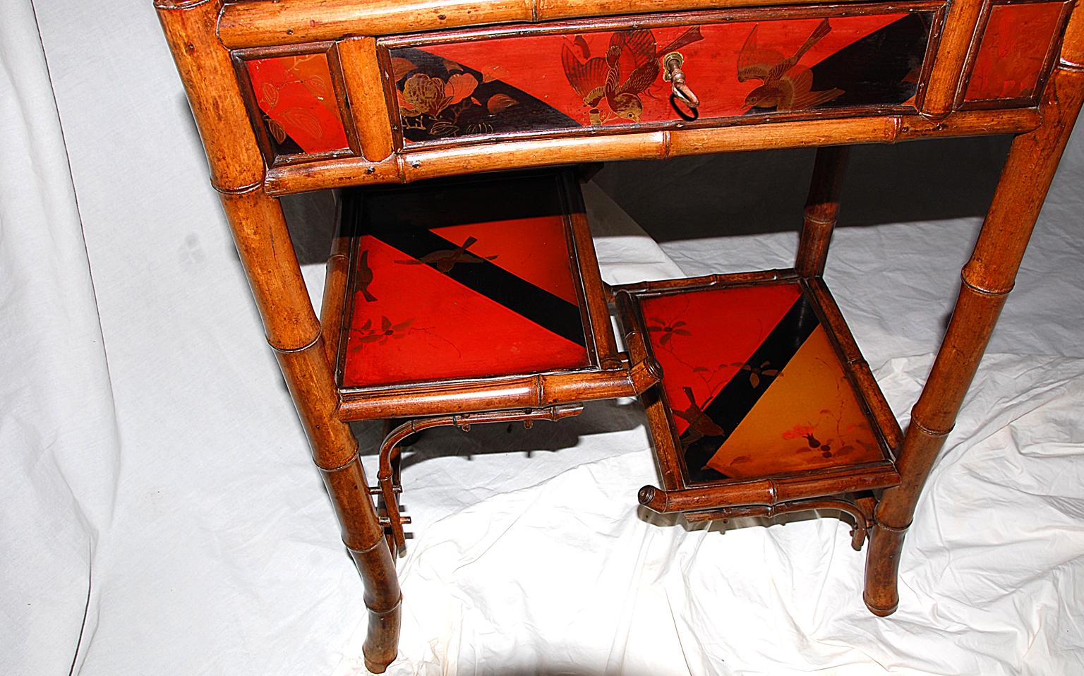 English Art Nouveau Bamboo and Lacquer Dressing Table with Shelves and Mirror In Good Condition In Wells, ME