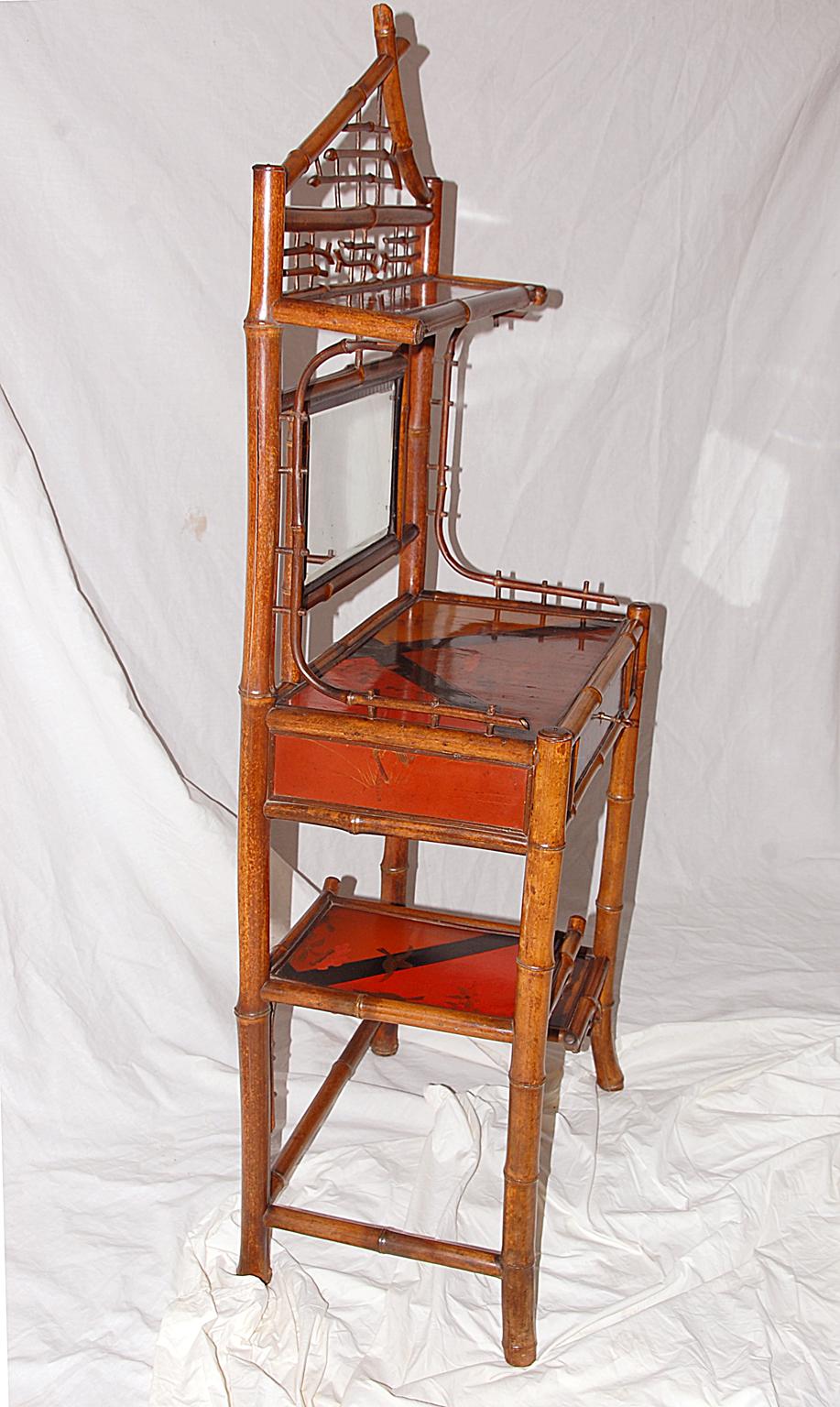 English Art Nouveau Bamboo and Lacquer Dressing Table with Shelves and Mirror 3