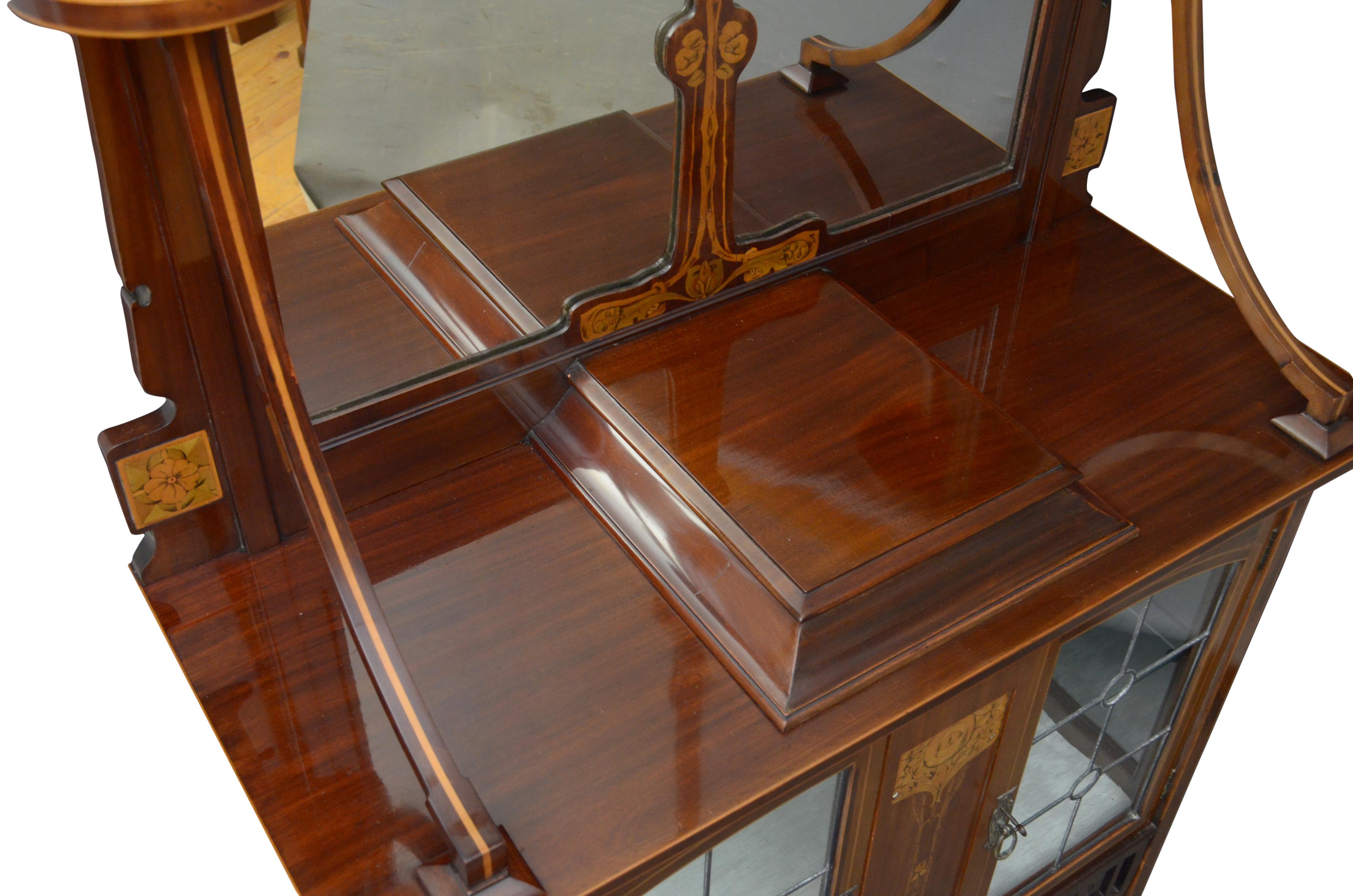 Table console / meuble de rangement Art Nouveau anglais avec miroir en acajou en vente 7