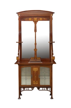 English Art Nouveau Console Table / Cabinet Stand with Mirror in Mahogany