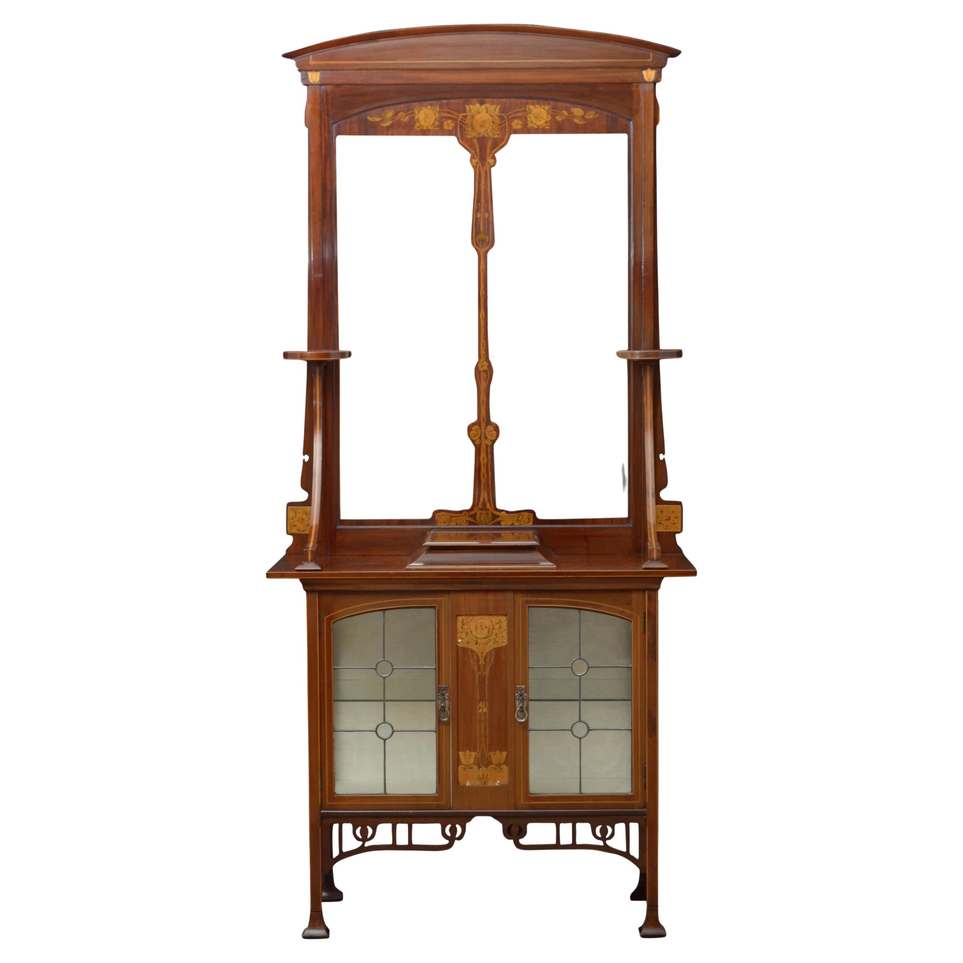 Table console / meuble de rangement Art Nouveau anglais avec miroir en acajou en vente
