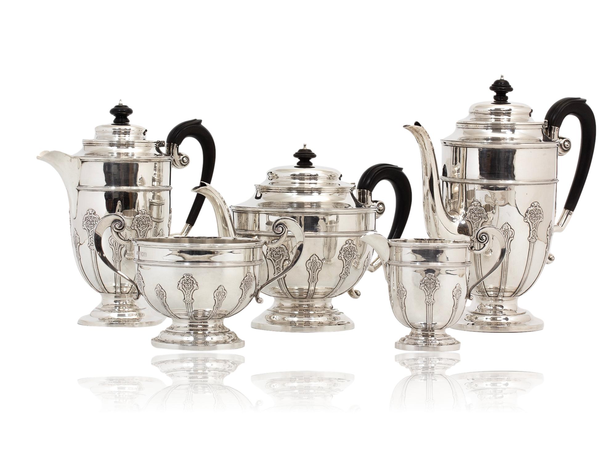 Hand-Carved English Art Nouveau Five Pc Sterling Silver Tea Set Harrison Brothers and Howson