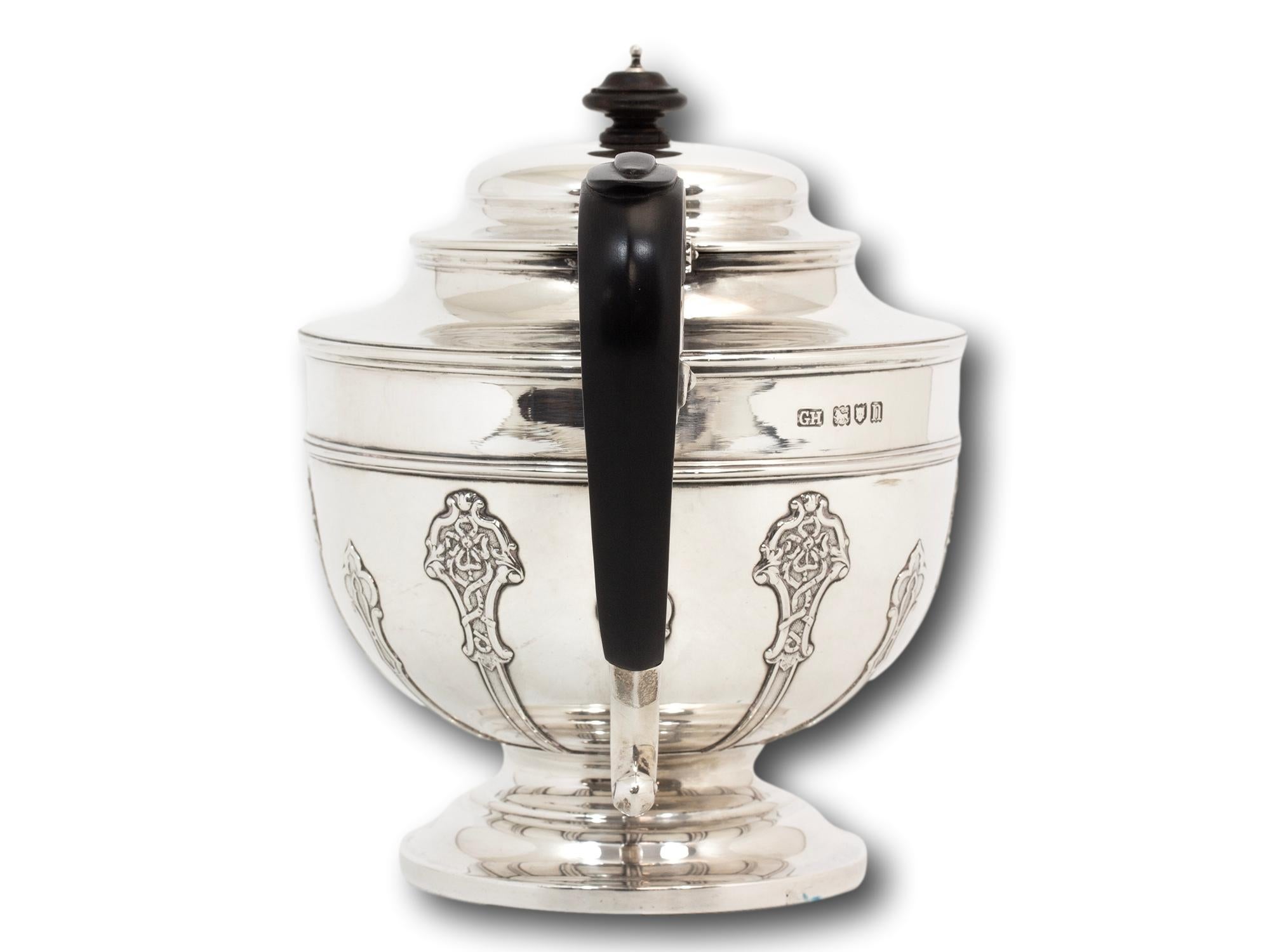 20th Century English Art Nouveau Five Pc Sterling Silver Tea Set Harrison Brothers and Howson