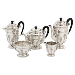 English Art Nouveau Five Pc Sterling Silver Tea Set Harrison Brothers and Howson