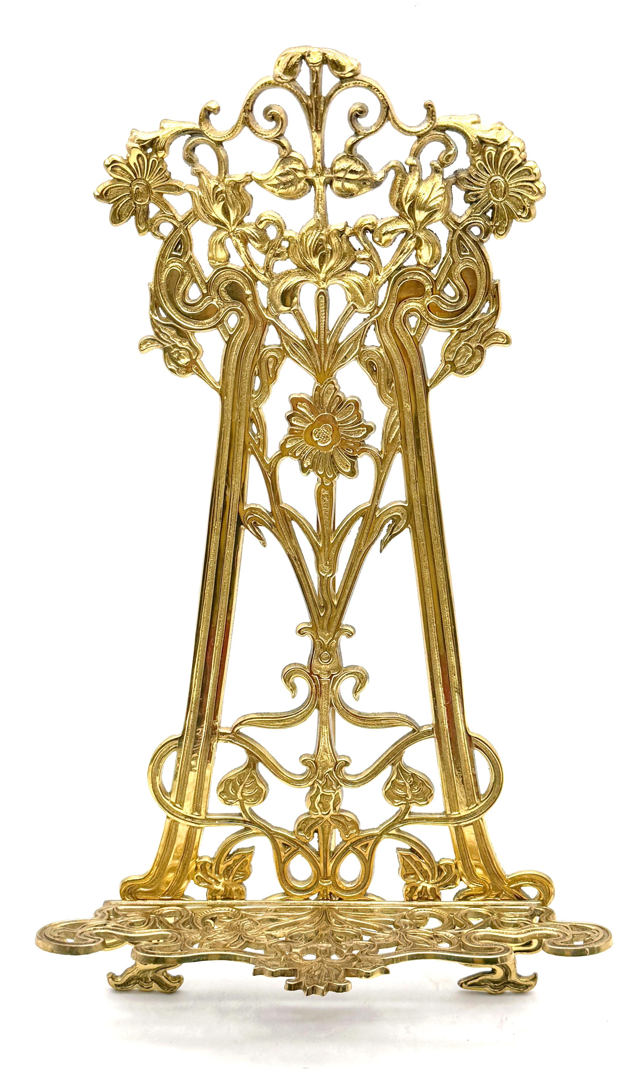 Cast English Art Nouveau Floral Brass Table Bookstand/ Easel For Sale