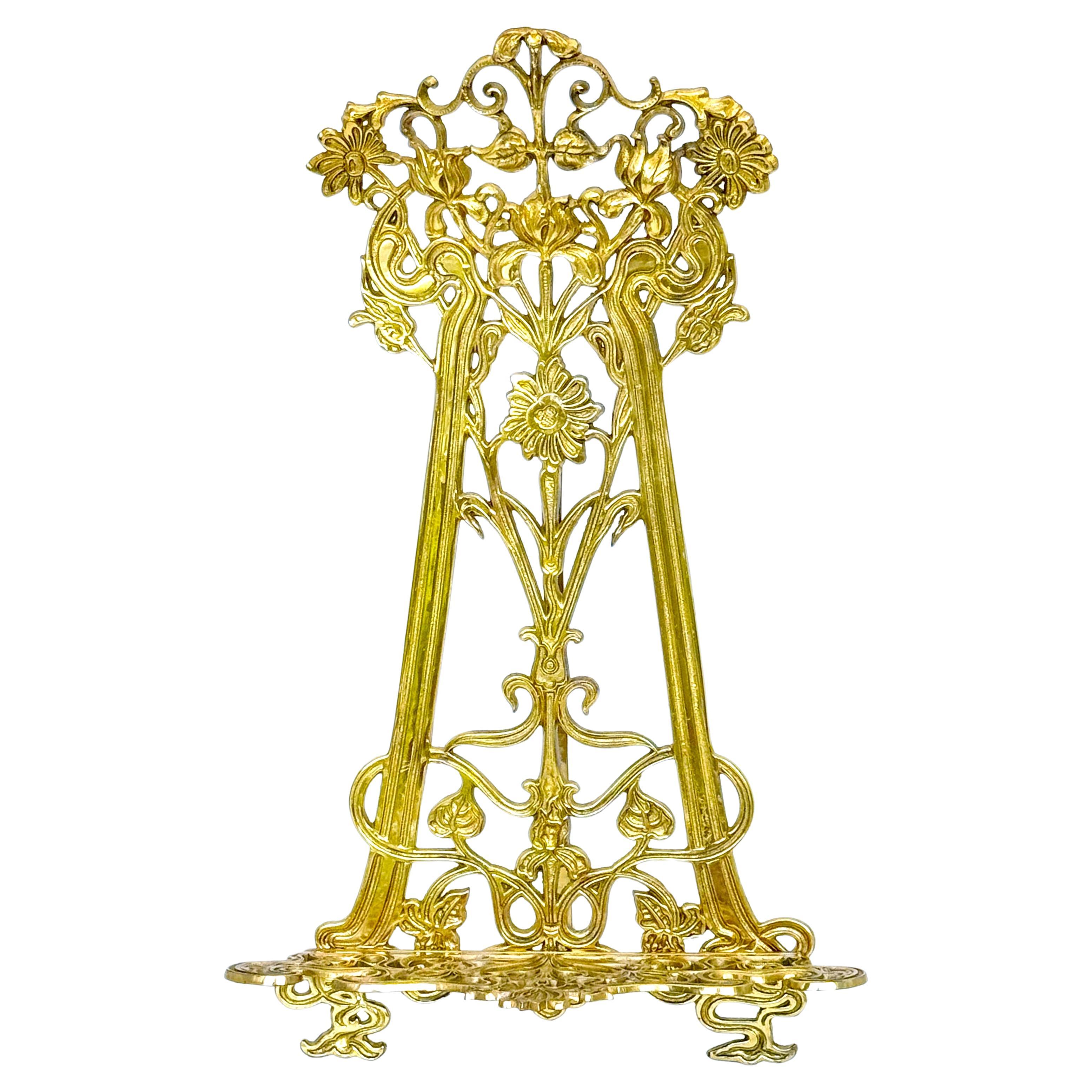 English Art Nouveau Floral Brass Table Bookstand/ Easel For Sale
