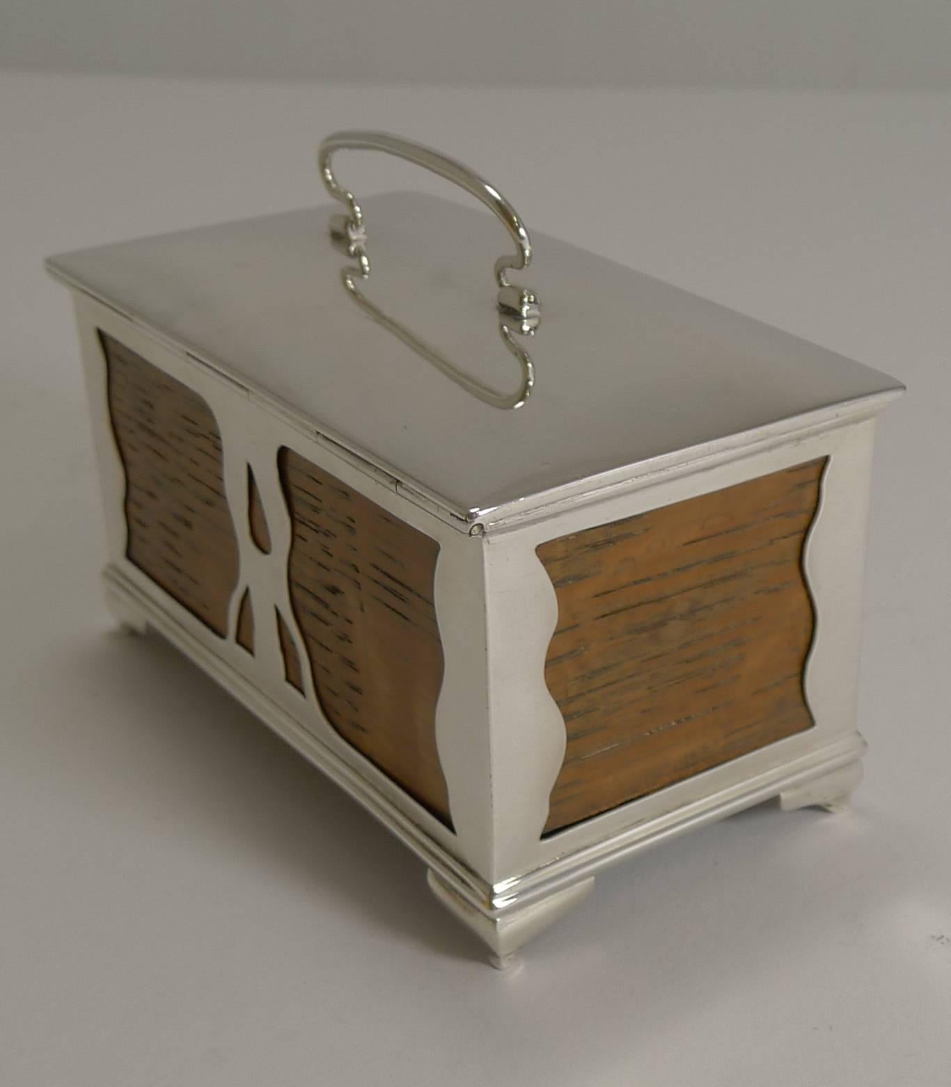 English Art Nouveau Oak and Sterling Silver Trinket Box by Deakin and Francis 1