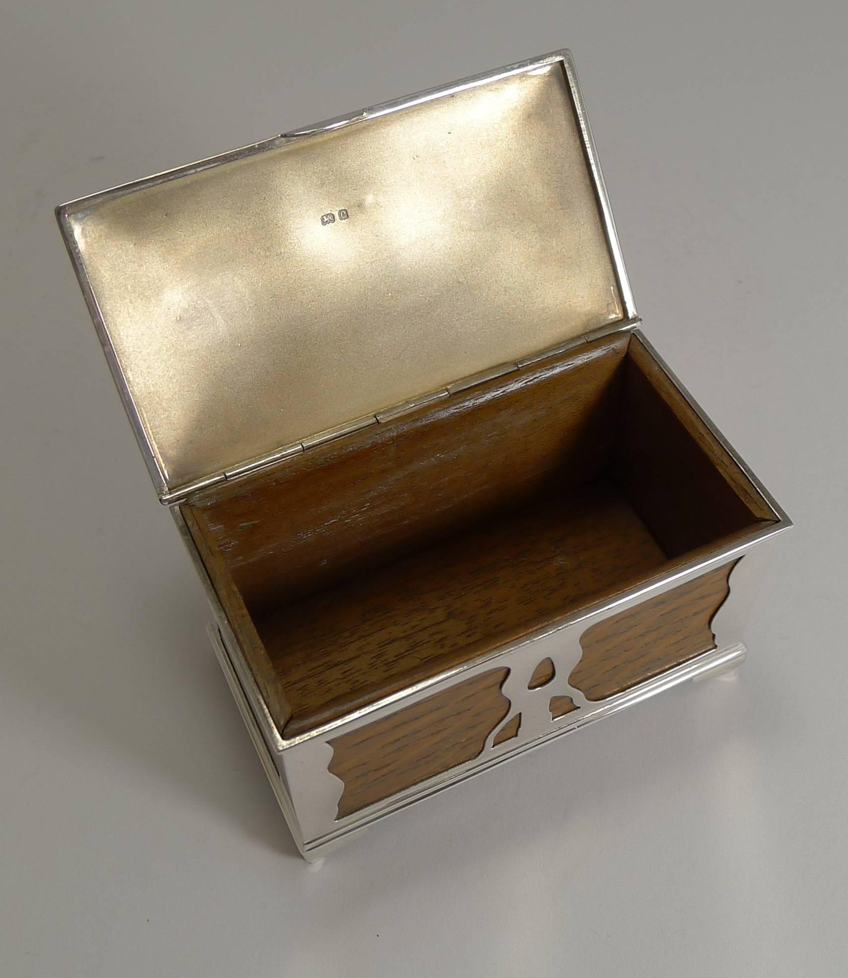 English Art Nouveau Oak and Sterling Silver Trinket Box by Deakin and Francis 2