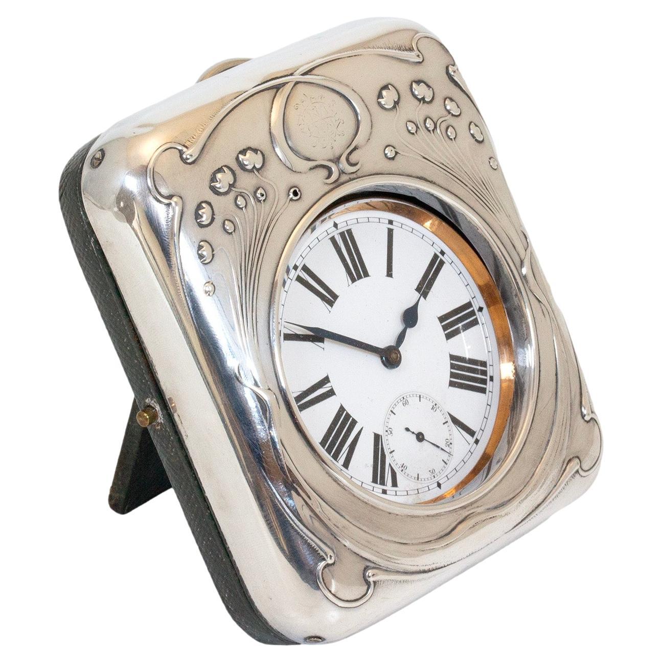 English Art Nouveau Silver Pocket Watch and Stand by Henry Greaves Ltd