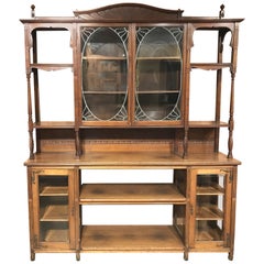 Antique English Art Nouveau Walnut Étagère or Bookcase with Leaded Glass Doors