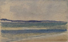 1900's English Impressionist Watercolor Painting Beach Blues