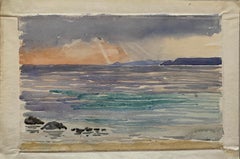 1900's English Impressionist Watercolor Painting Beautiful Sunset Onto Blue Sea