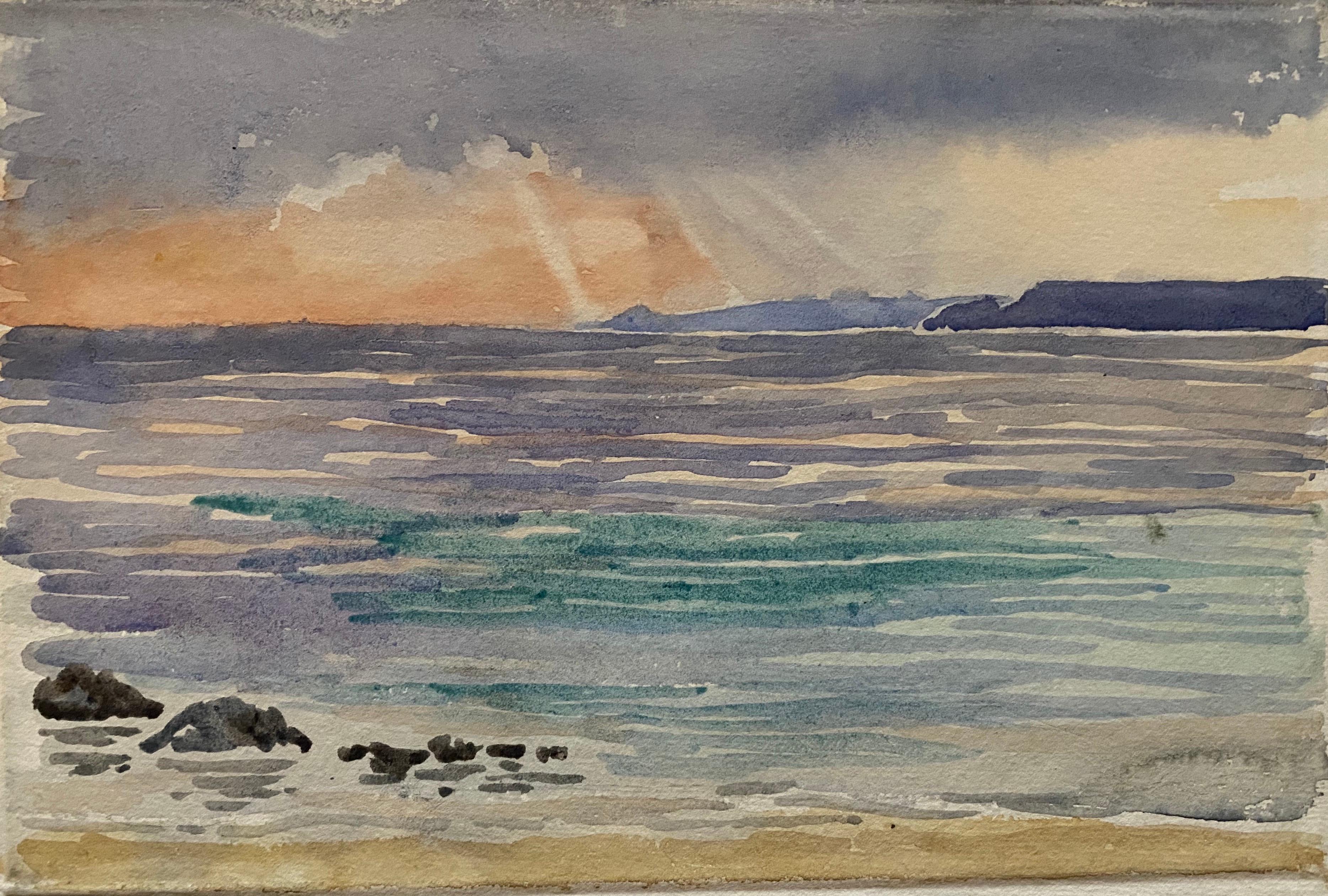 Unknown Landscape Painting - 1900's English Impressionist Watercolor Painting Beautiful Sunset Onto Blue Sea