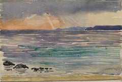 1900's English Impressionist Watercolor Painting Beautiful Sunset Onto Blue Sea