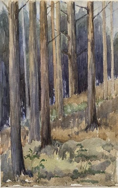 1900's English Impressionist Watercolor Painting Captivating Midnight Forest