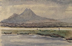 1900's English Impressionist Watercolor Painting Cliffs In The Distance 