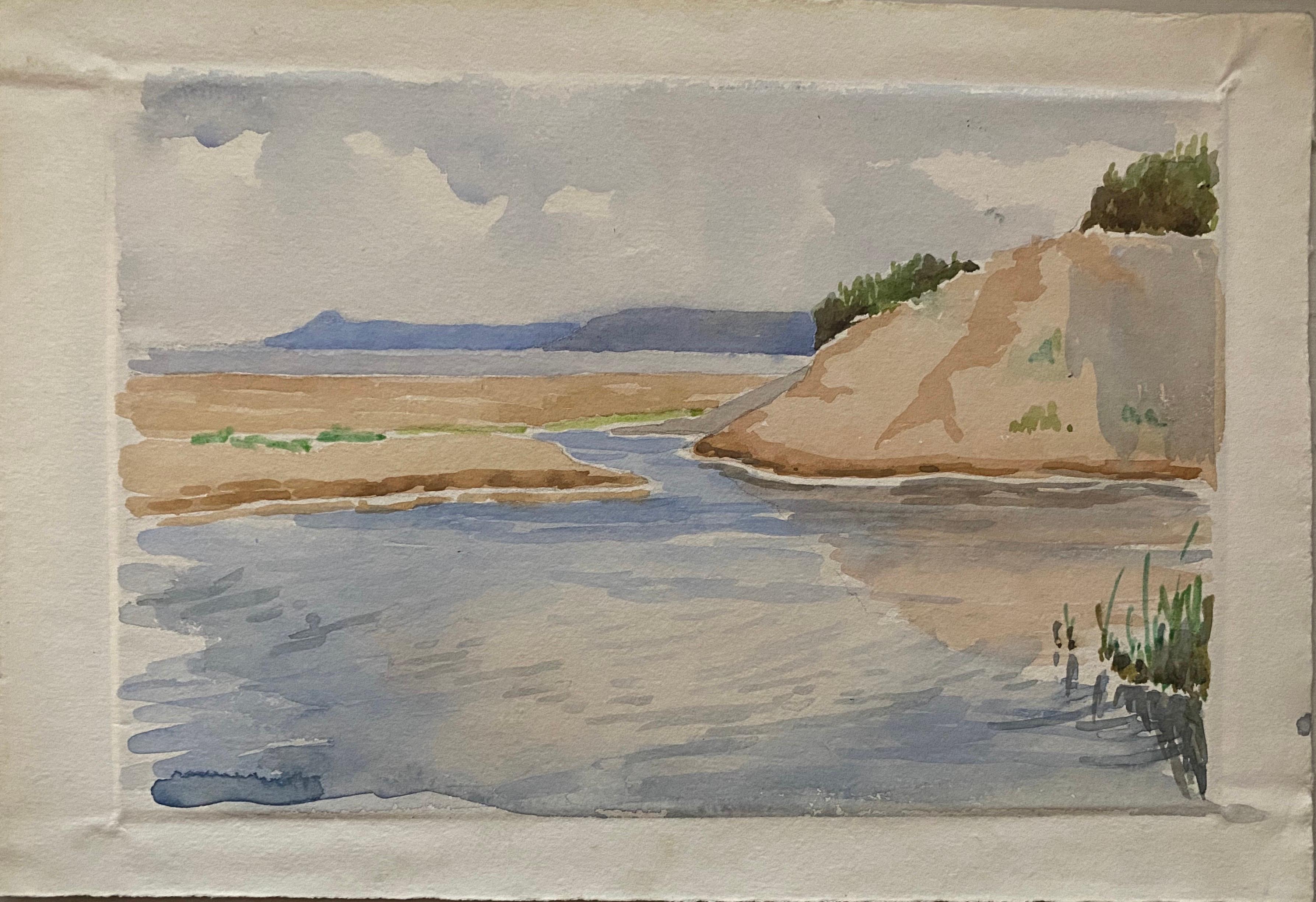Acuarela English Impressionist de 1900 Suave paisaje marino azul y crema - Painting de Unknown