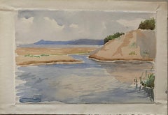 1900's English Impressionist Watercolor Painting Gentle Blue and Cream Seascape