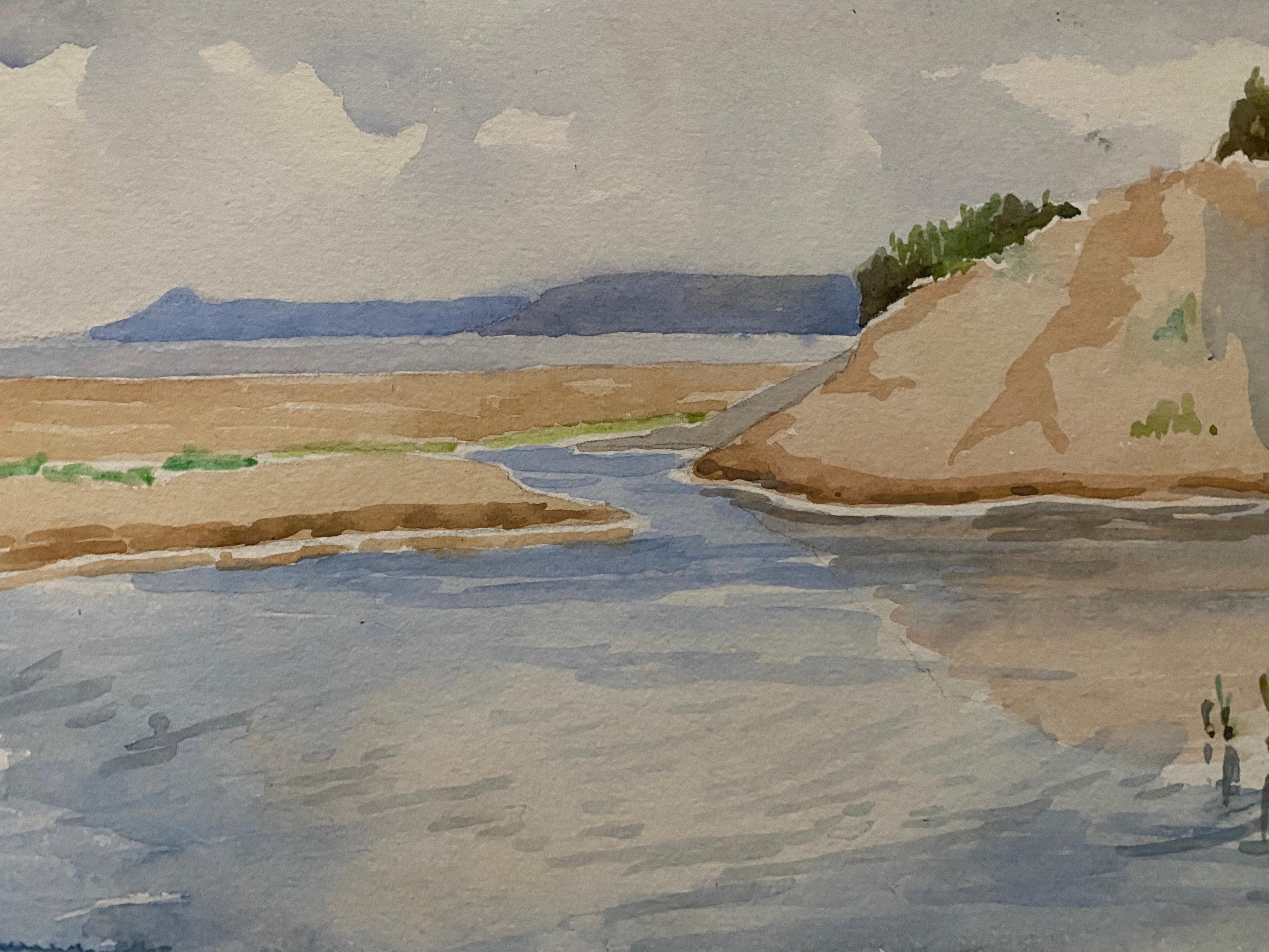 Acuarela English Impressionist de 1900 Suave paisaje marino azul y crema - Painting Impresionista de Unknown