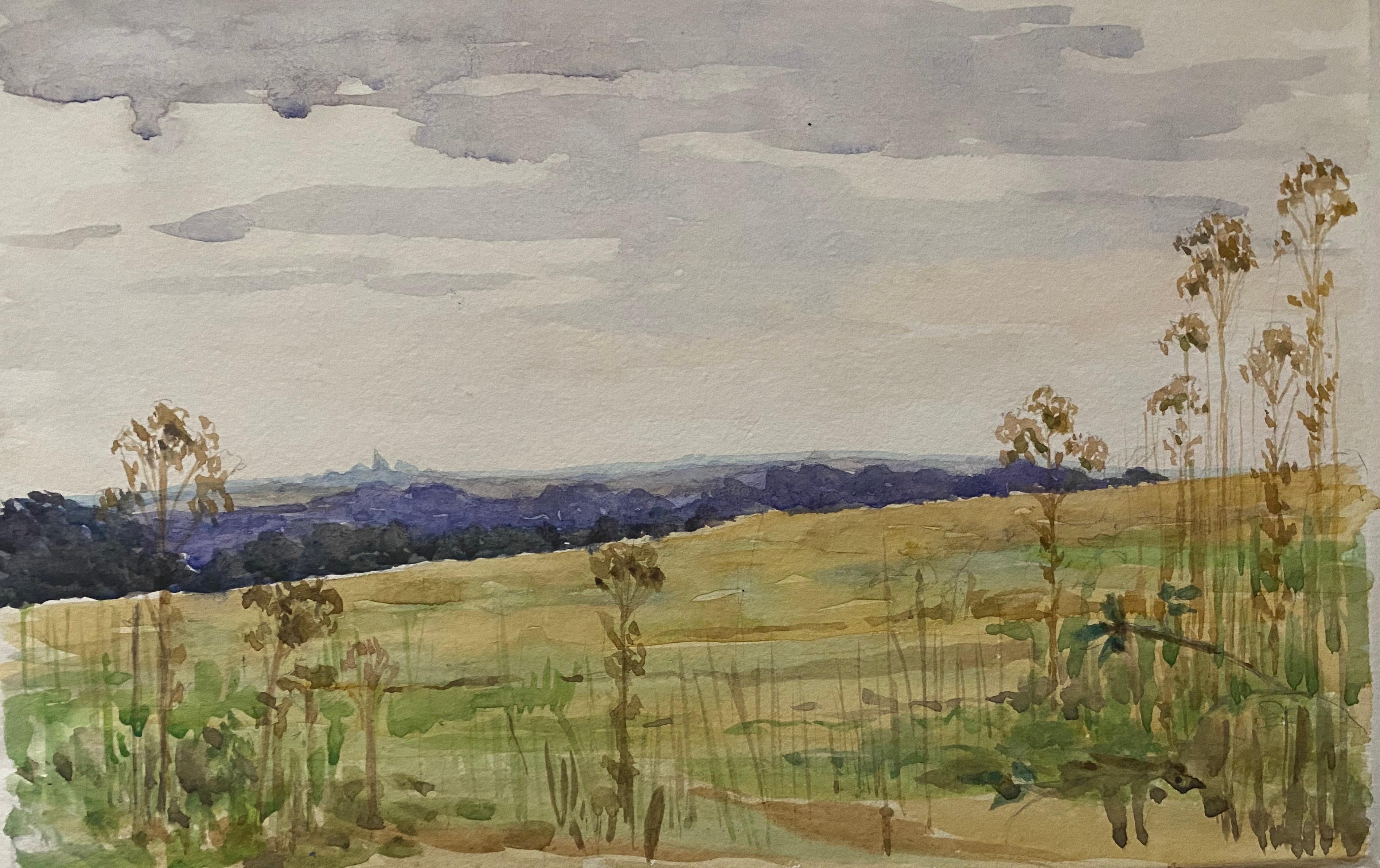 Unknown Landscape Painting - 1900's English Impressionist Watercolor Painting Quiet Open Crop Fields