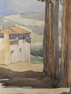 1900's English Impressionist Watercolor Painting Tuscany StonePathway Landscape