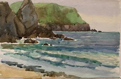 1900's English Impressionist Watercolor Painting Vibrant Sea Shore