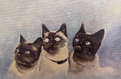 1900's English Oil Painting Portrait of Three Siamese Cats