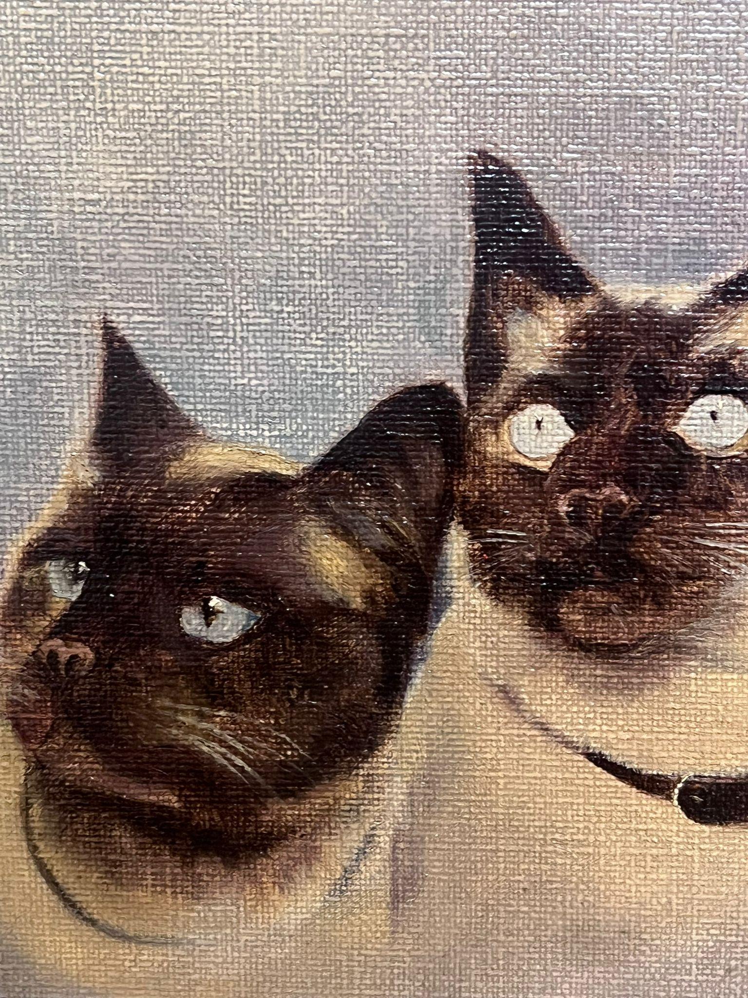1900's English Oil Painting Portrait of Three Siamese Cats 1