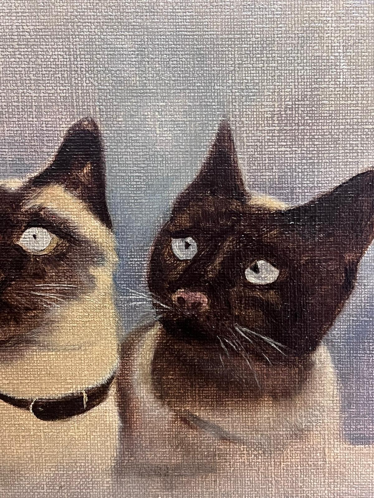 1900's English Oil Painting Portrait of Three Siamese Cats 3