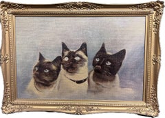 Antique 1900's English Oil Painting Portrait of Three Siamese Cats