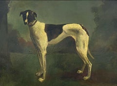 20th CENTURY ENGLISH OIL PAINTING - PORTRAIT OF A GREYHOUND STANDING IN FIELD