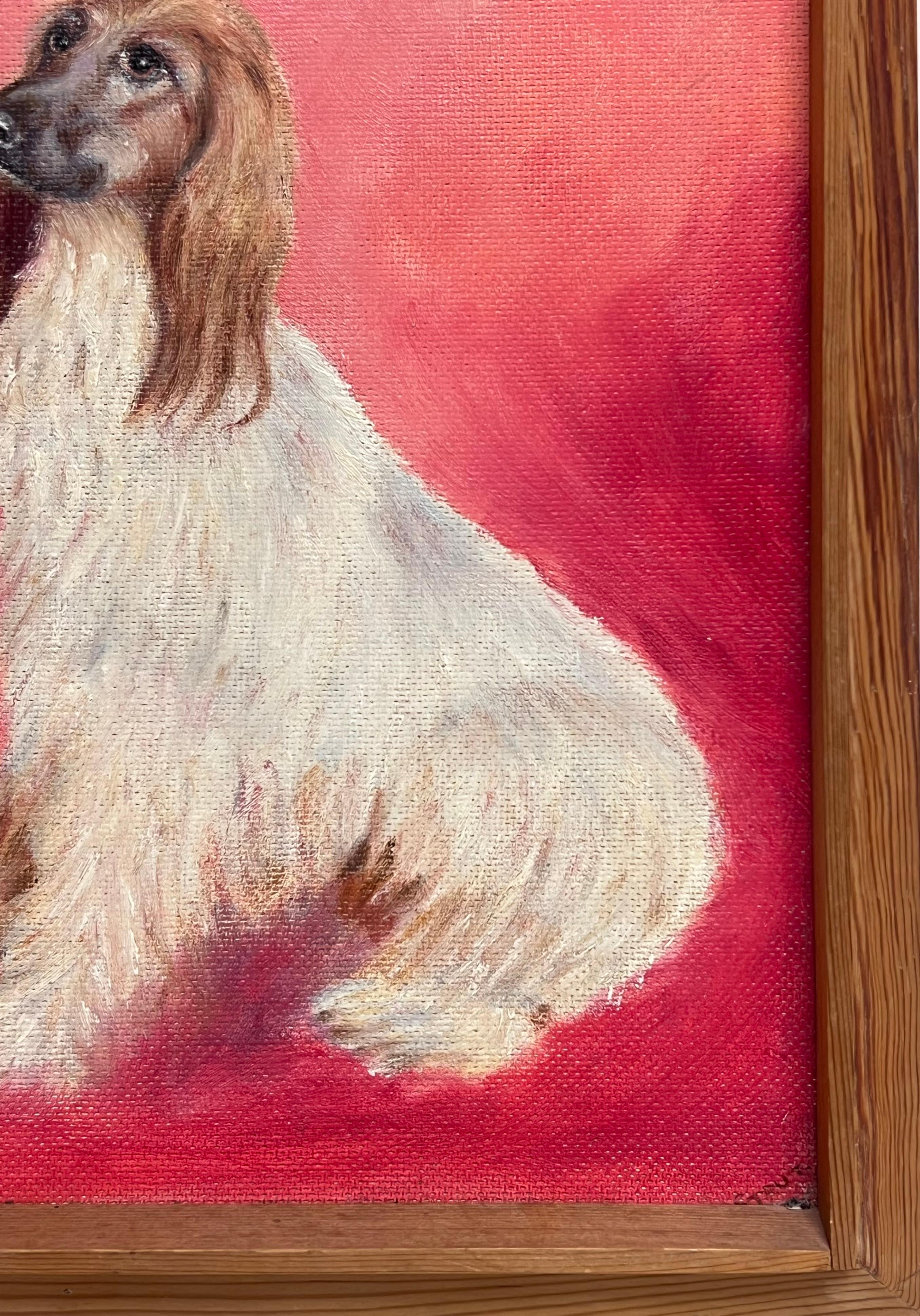 Afghan Hound Long Haired Vintage Original English Dog Oil Painting Pink Back For Sale 3