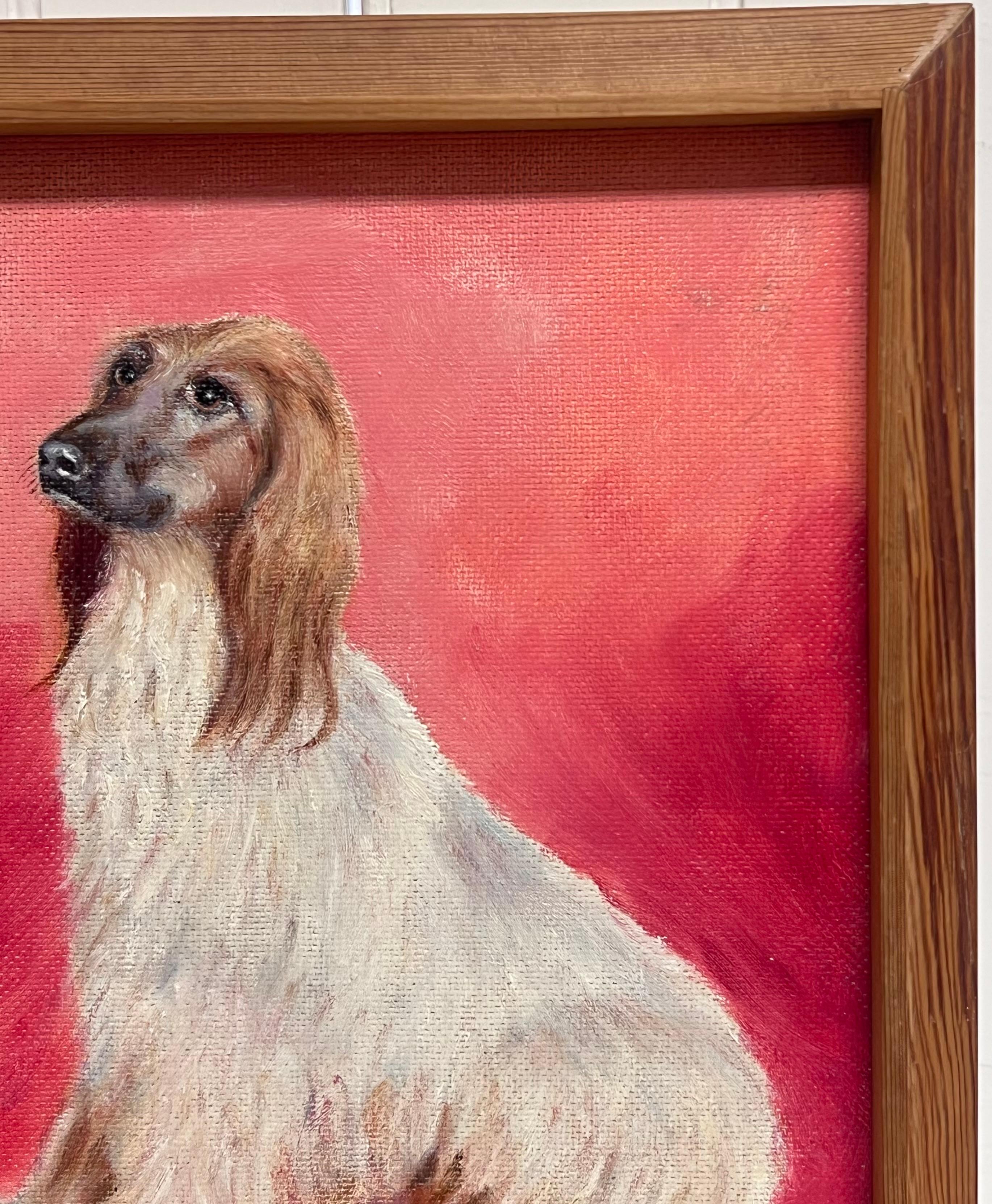 Afghan Hound Long Haired Vintage Original English Dog Oil Painting Pink Back For Sale 4