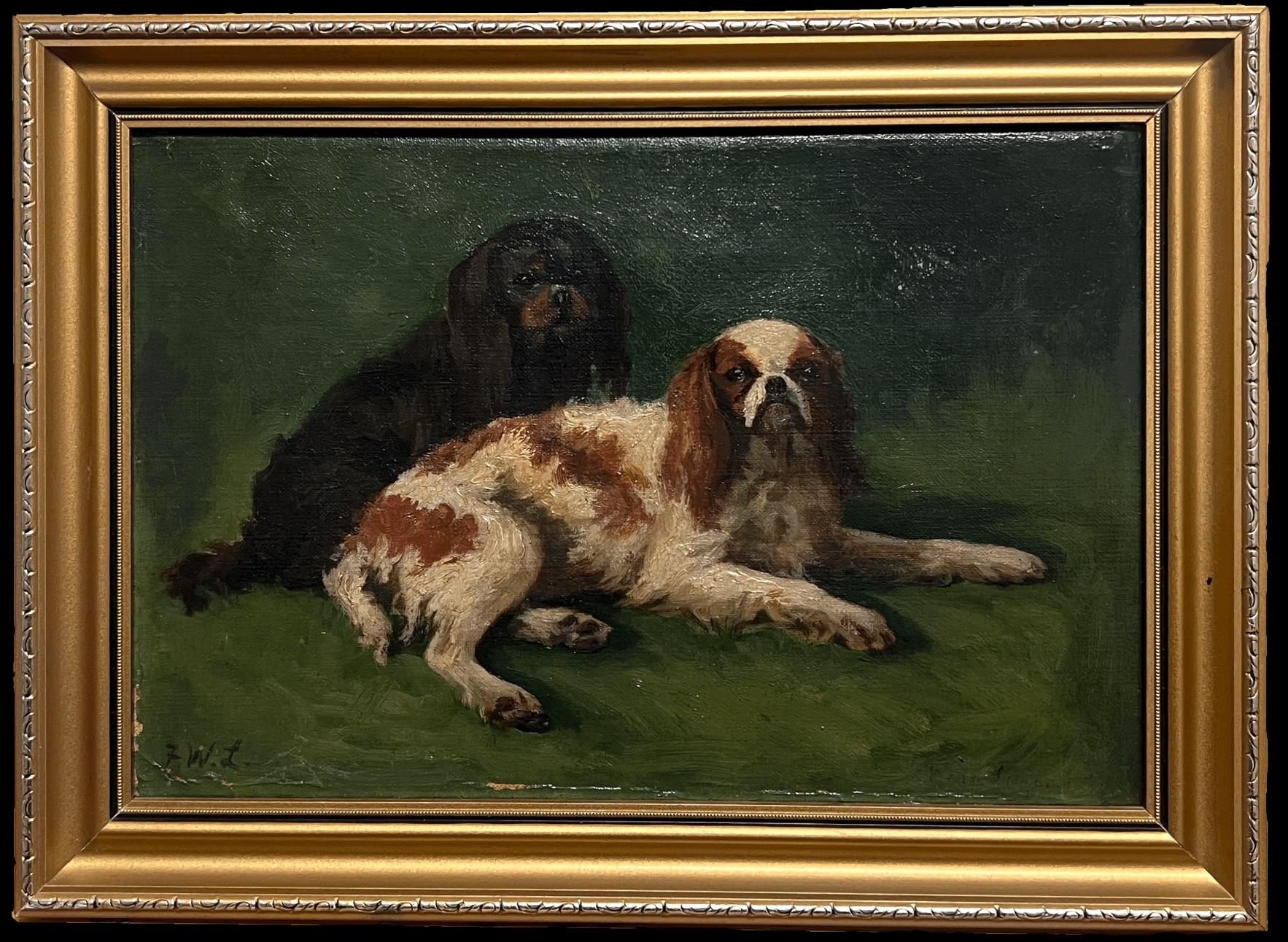 Antique English Dog Oil Painting Two King Charles Cavalier Spaniels in Garden - Black Portrait Painting by English artist