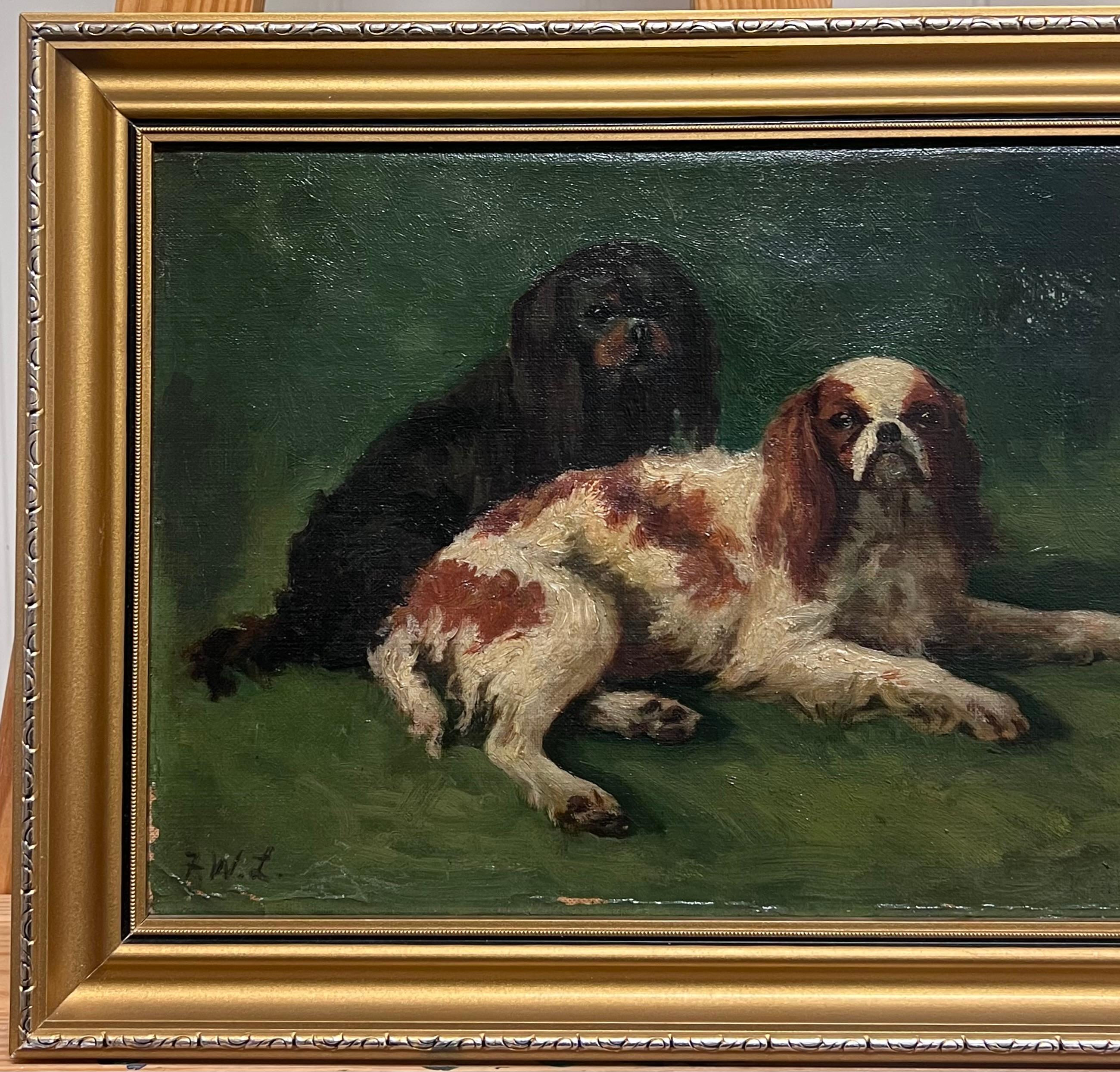 King Charles Cavalier Spaniels in the Garden
English School, late 19th century
indistinctly signed oil on canvas, framed
framed: 11 x 15 inches
canvas: 8.75 x 12.75 inches
Provenance: private collection, England
Condition: some minor paint loss/
