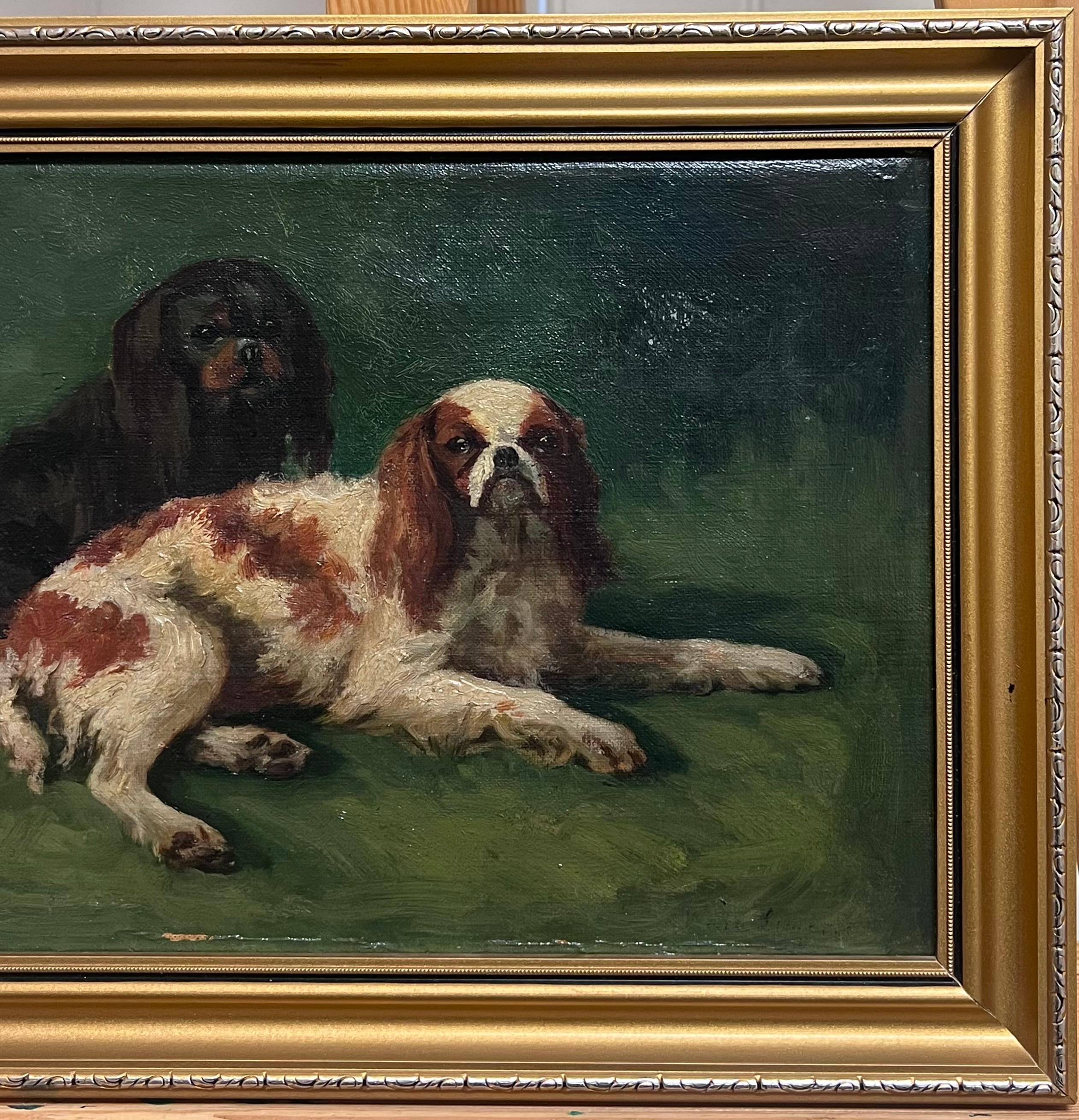 Antique English Dog Oil Painting Two King Charles Cavalier Spaniels in Garden 1