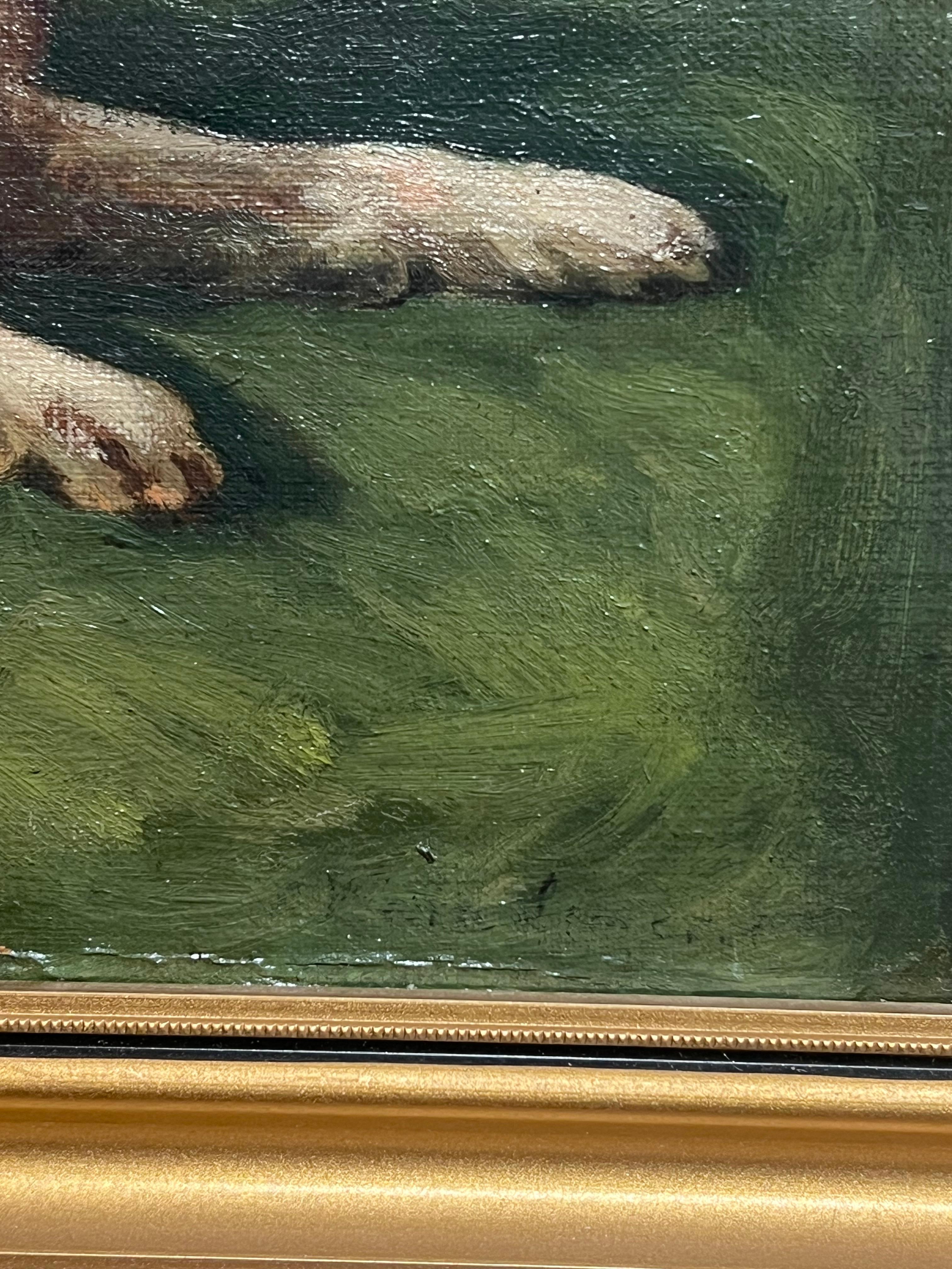 Antique English Dog Oil Painting Two King Charles Cavalier Spaniels in Garden 2