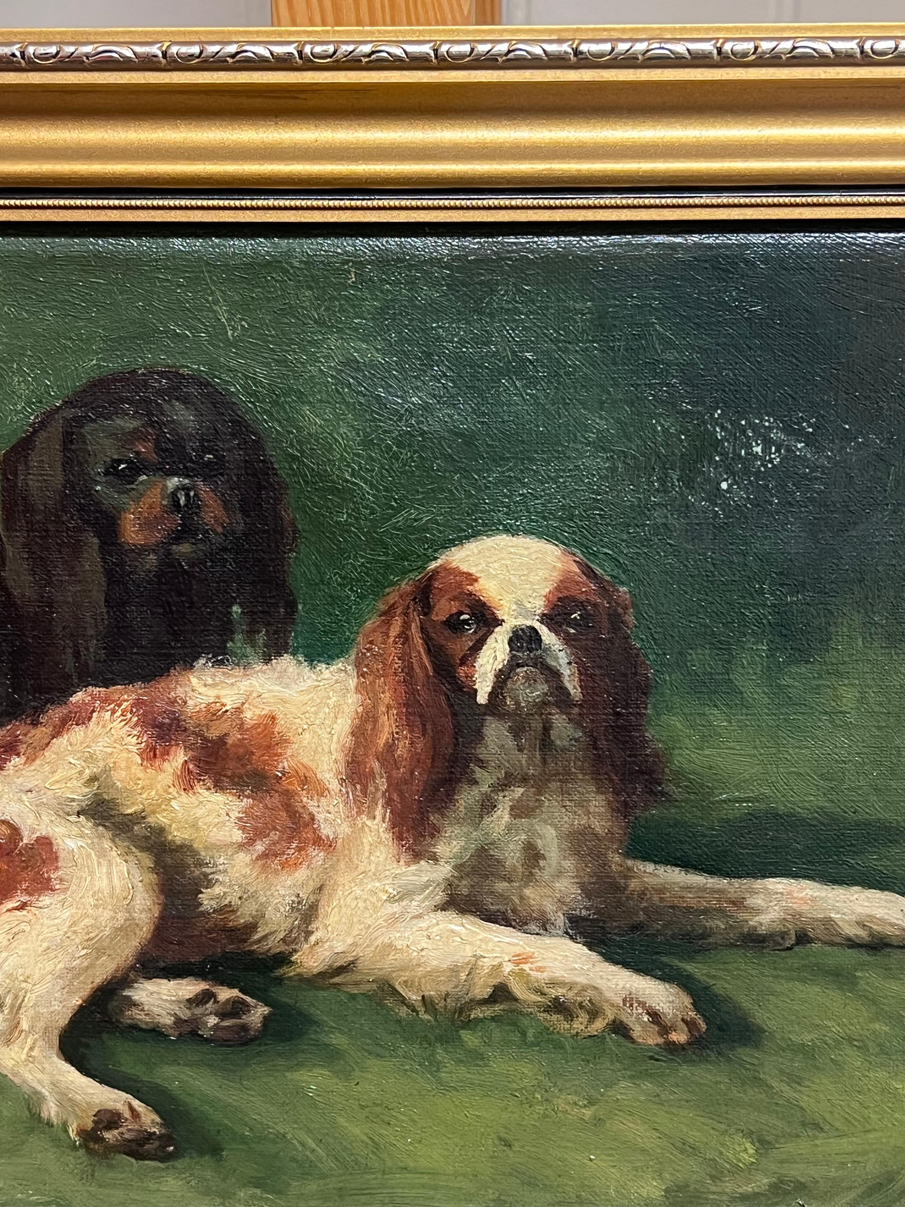 Antique English Dog Oil Painting Two King Charles Cavalier Spaniels in Garden 3