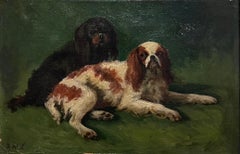 Antique English Dog Oil Painting Two King Charles Cavalier Spaniels in Garden